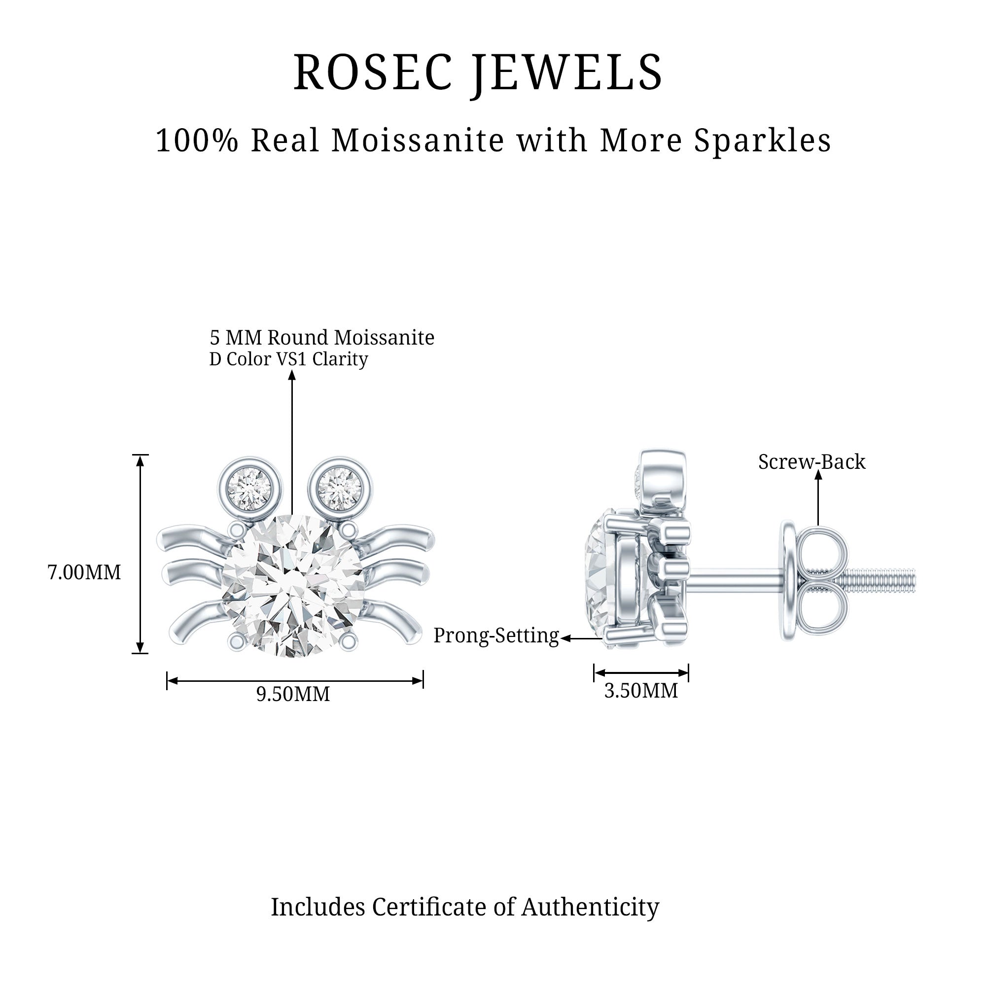 1 CT Moissanite Crab Stud Earrings with Certificate D-VS1 - Rosec Jewels