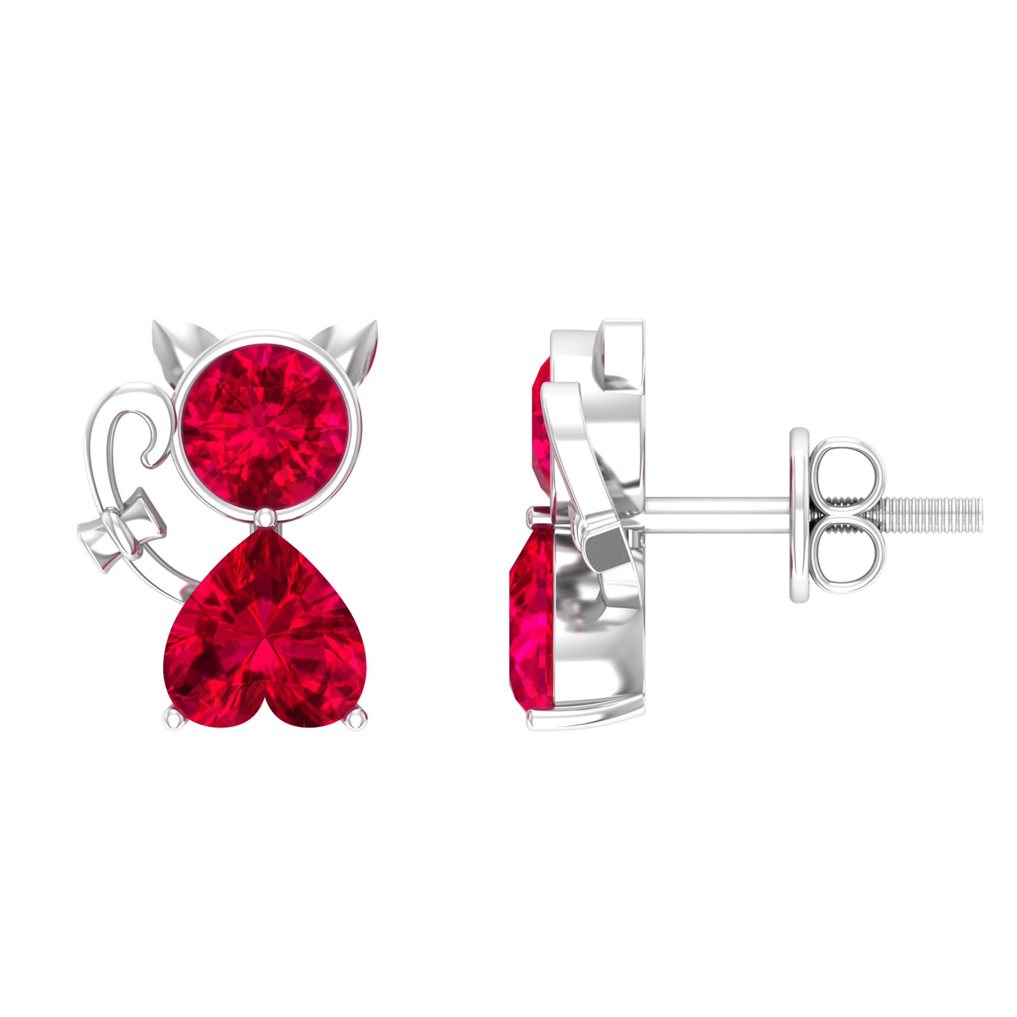 2 CT Kitty Stud Earrings with Round and Heart Shape Created Ruby