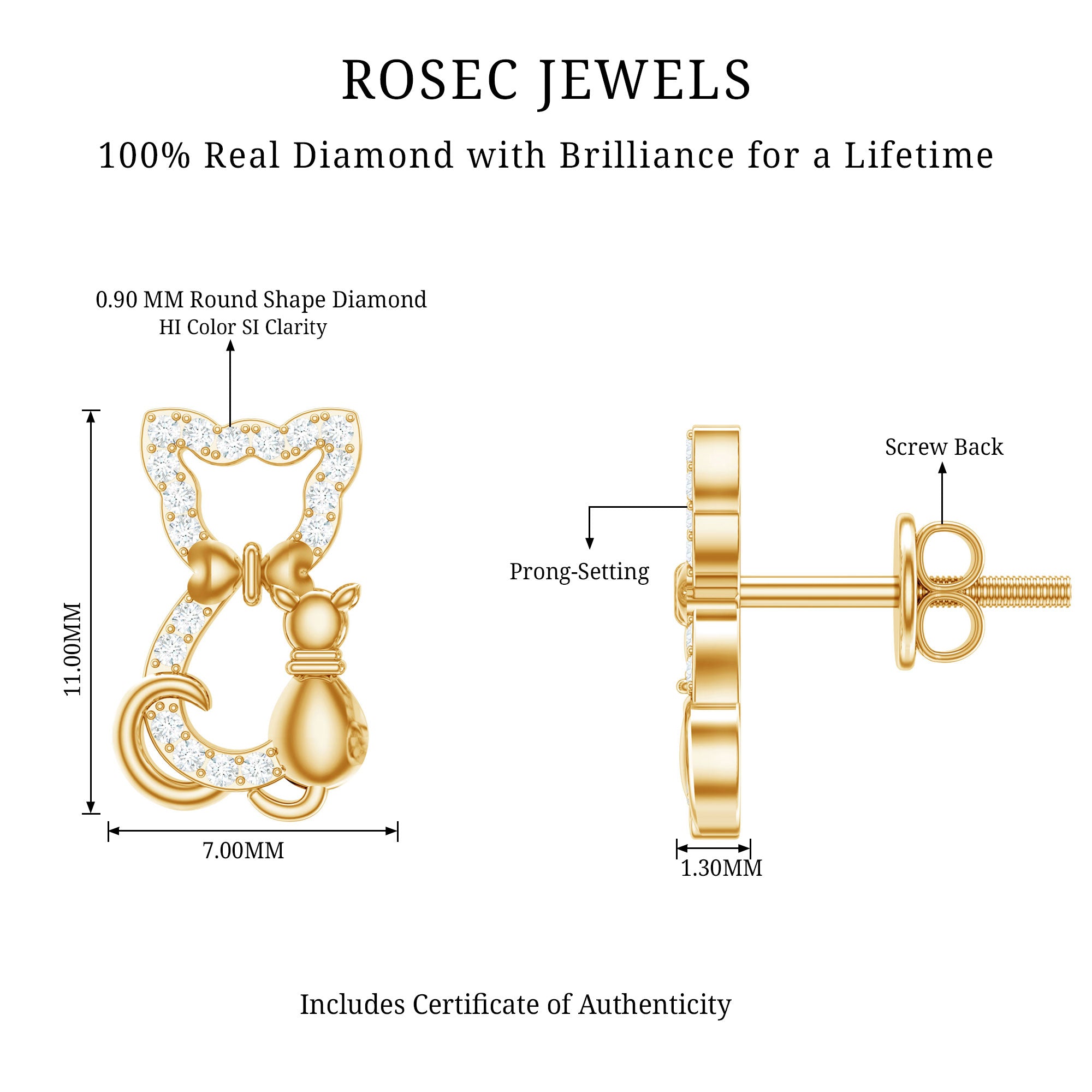 Certified Diamond Cat Stud Earrings Natural - ( HI-SI ) - Rosec Jewels