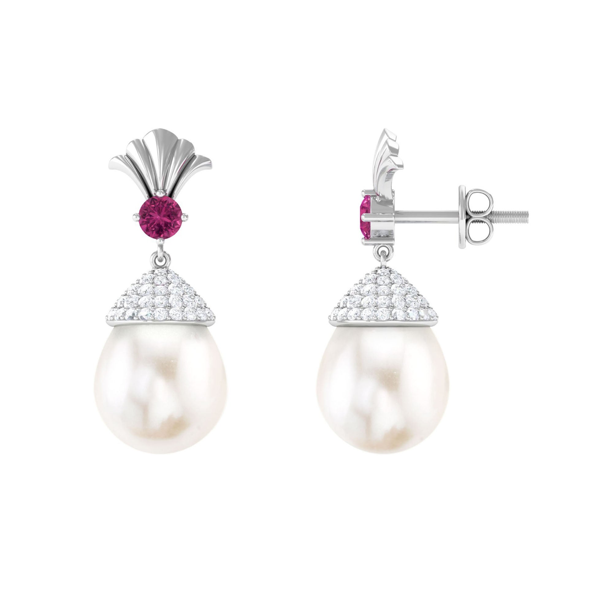 13 CT Freshwater Pearl Drop Earrings with Moissanite and Pink Tourmaline