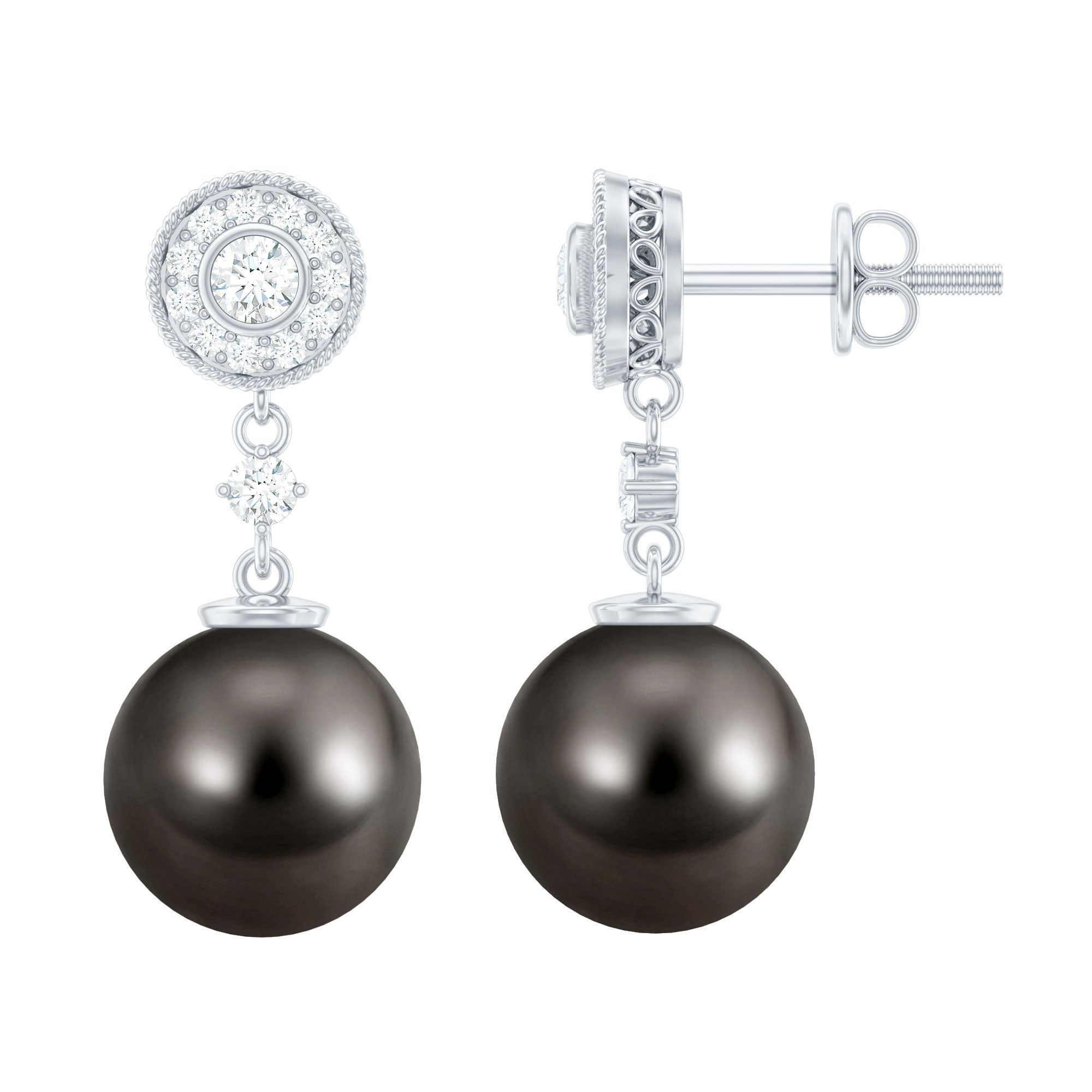 15.5 CT Tahitian Pearl Dangle Earrings with Diamond Stones