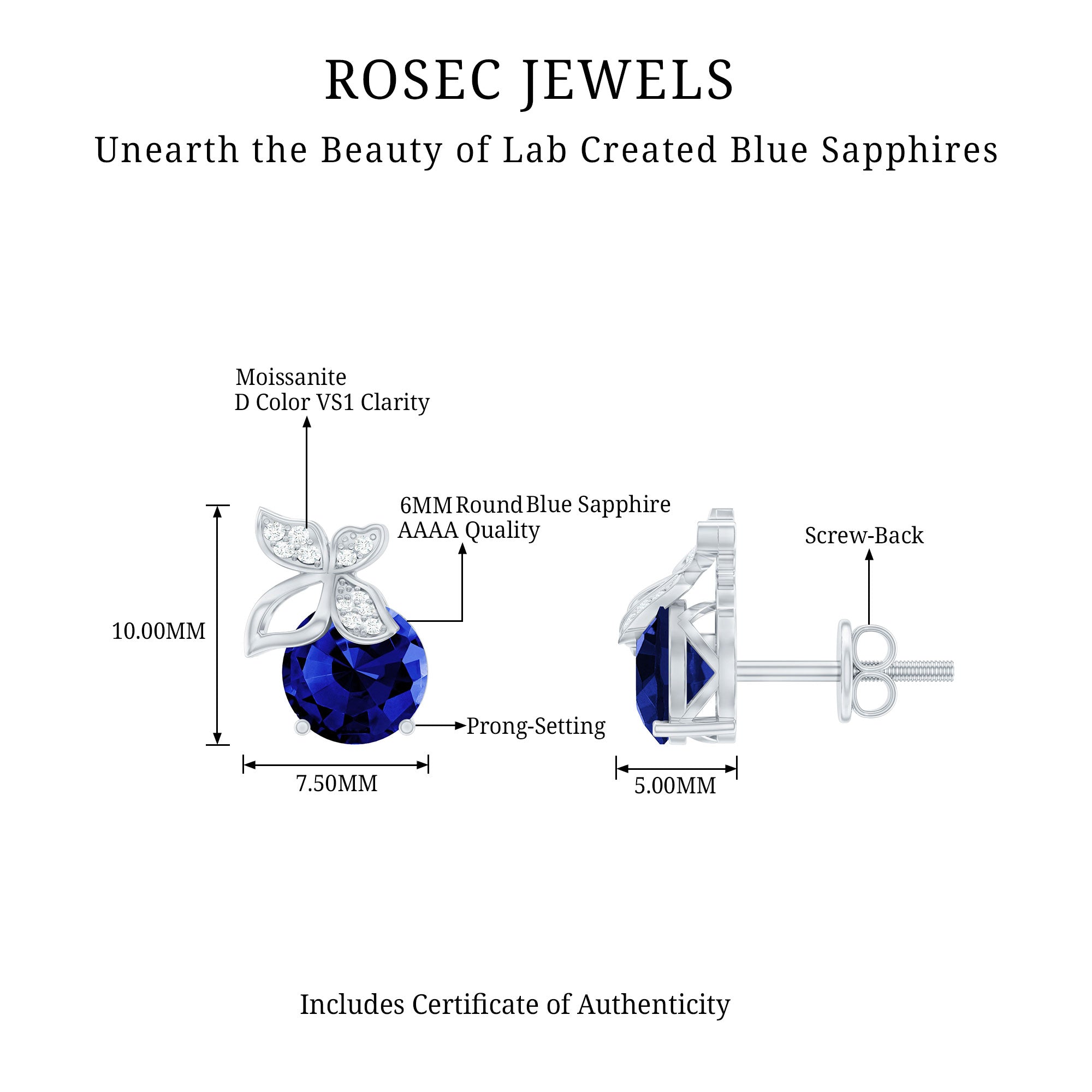 2 Carat Lab Created Blue Sapphire and Diamond Butterfly Stud Earrings AAAA - Rosec Jewels