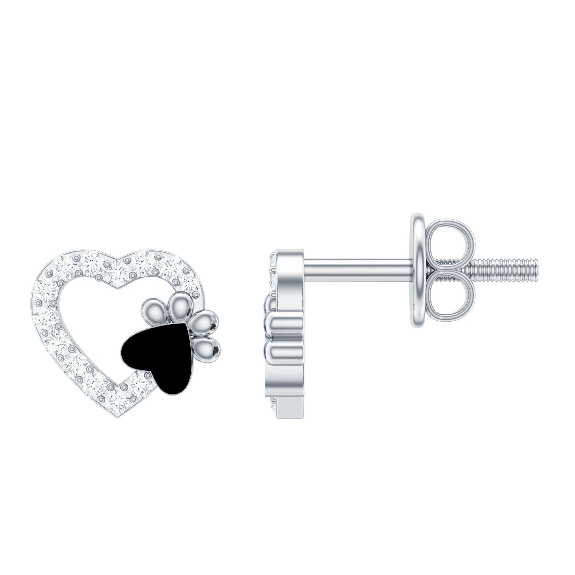 Moissanite Heart and Paw Stud Earrings with Enamel D-VS1 - Rosec Jewels