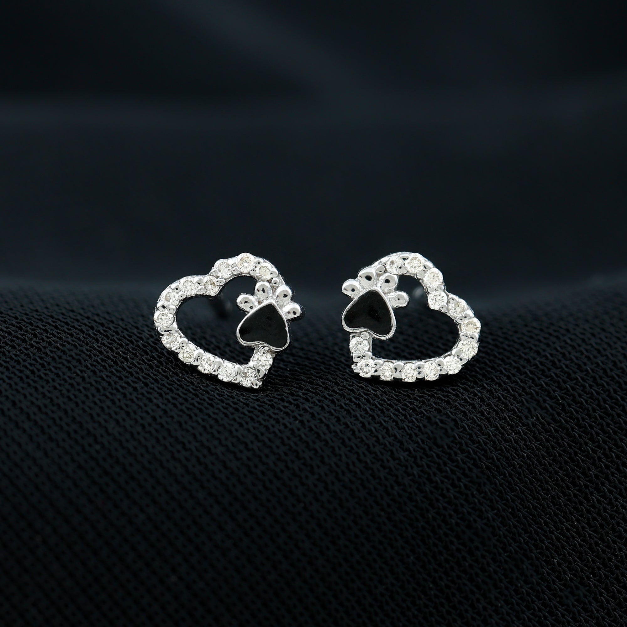 Moissanite Heart and Paw Stud Earrings with Enamel D-VS1 - Rosec Jewels