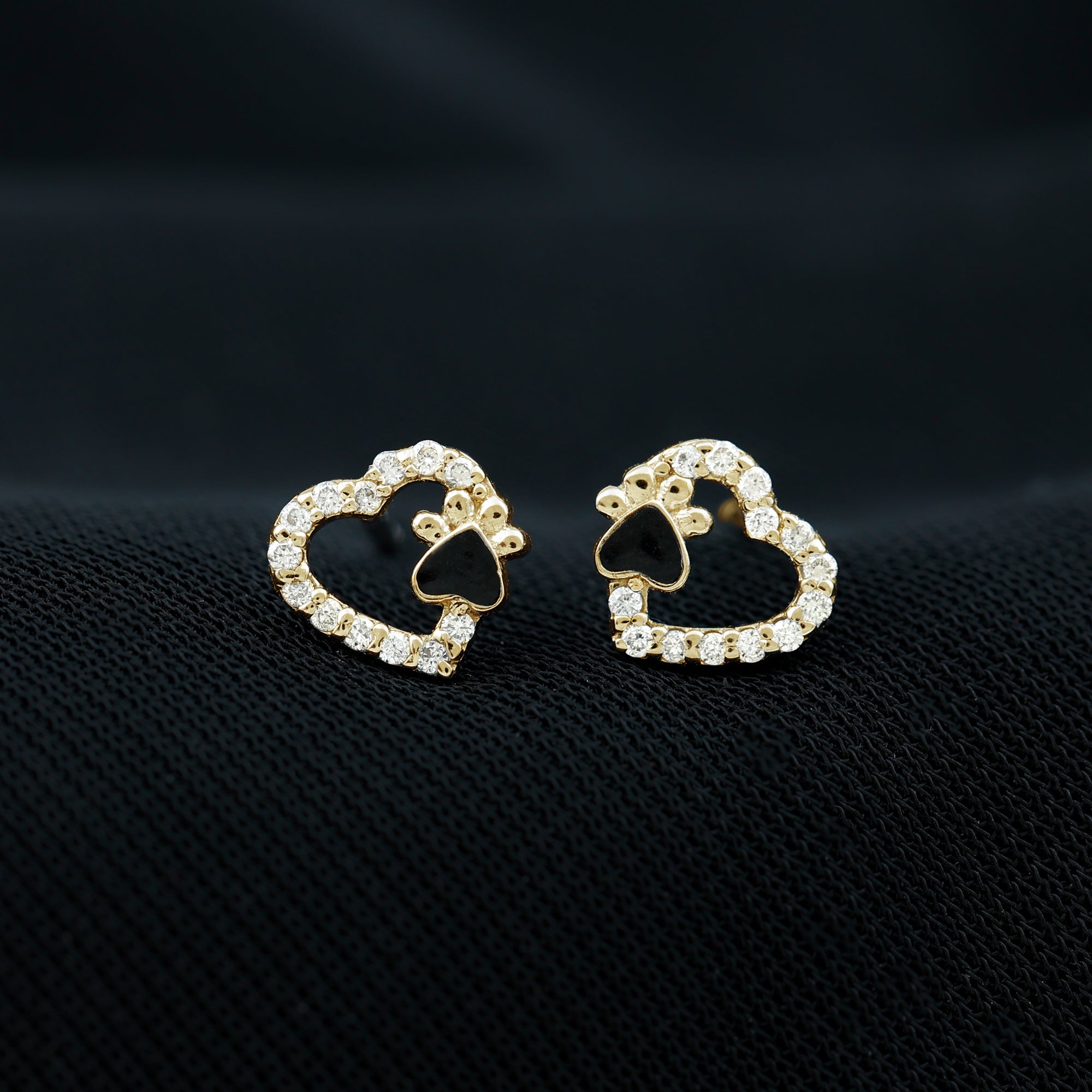 Moissanite Heart and Paw Stud Earrings with Enamel D-VS1 - Rosec Jewels
