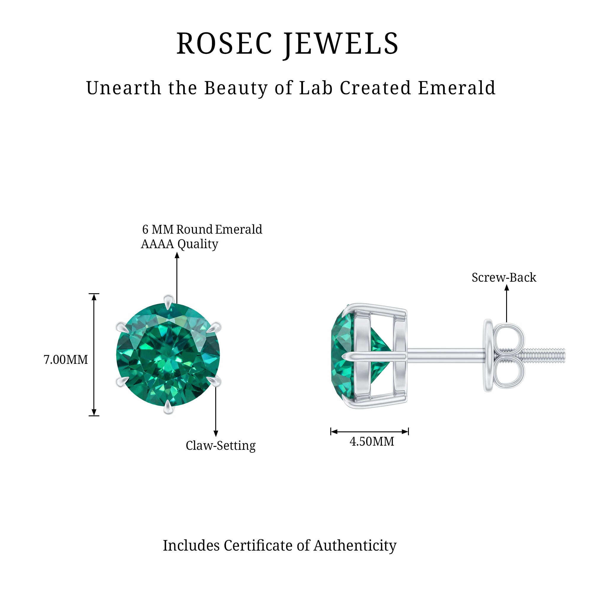 Certified Lab Created Emerald Solitaire Stud Earrings For Her AAAA - Rosec Jewels