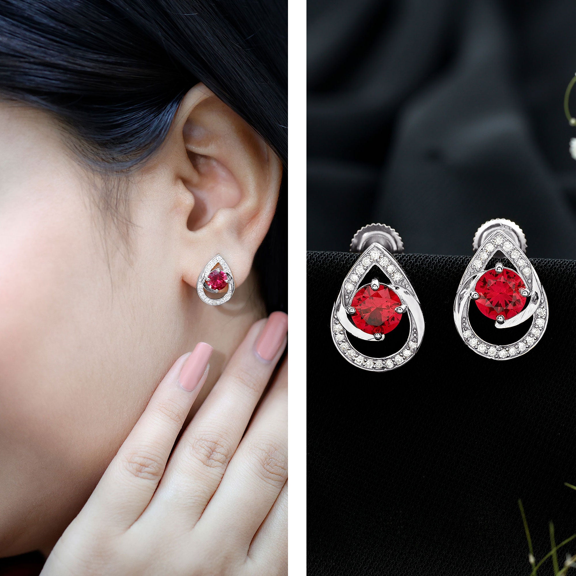 Lab Grown Ruby Teardrop Stud Earrings With Diamond AAAA - Rosec Jewels
