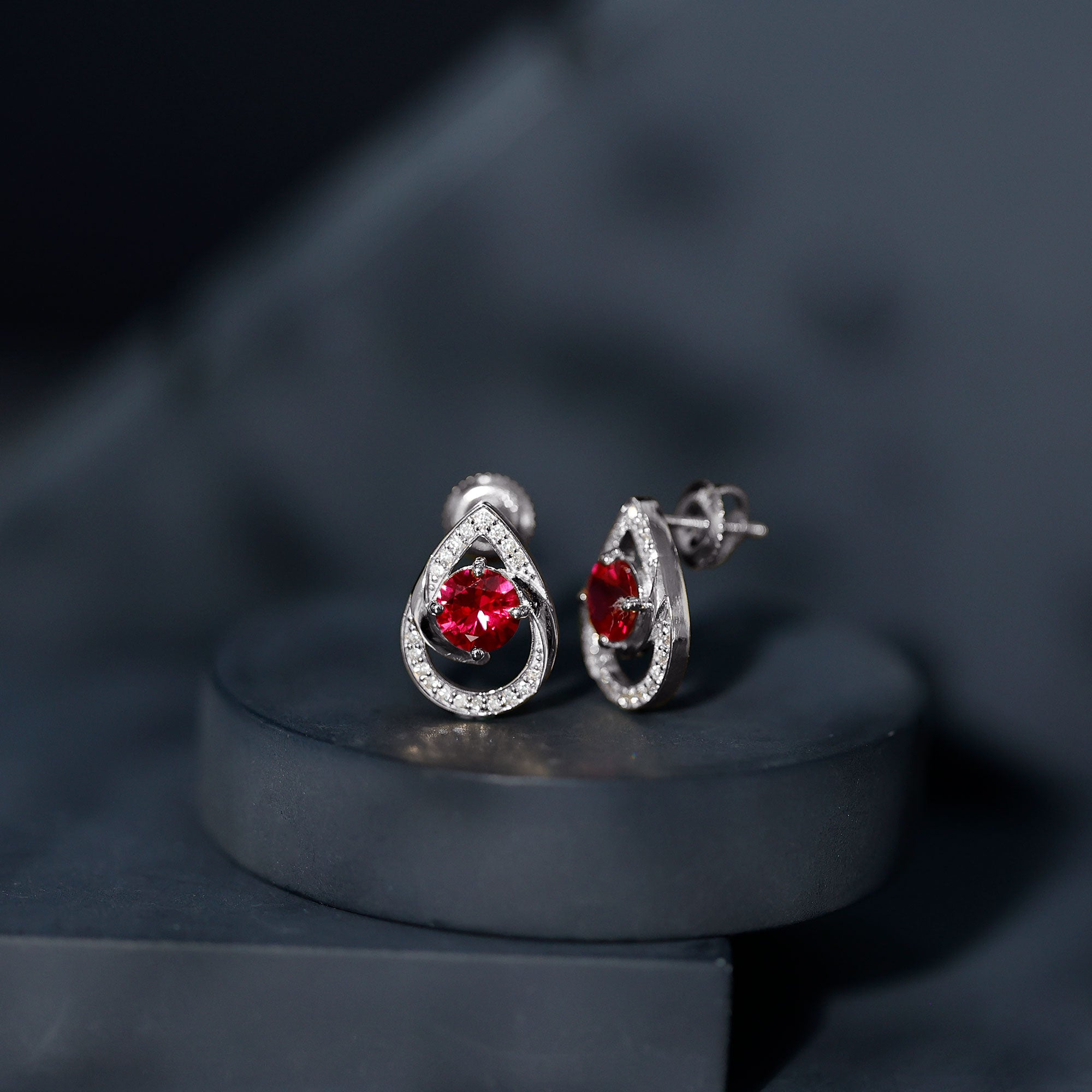 Lab Grown Ruby Teardrop Stud Earrings With Diamond AAAA - Rosec Jewels