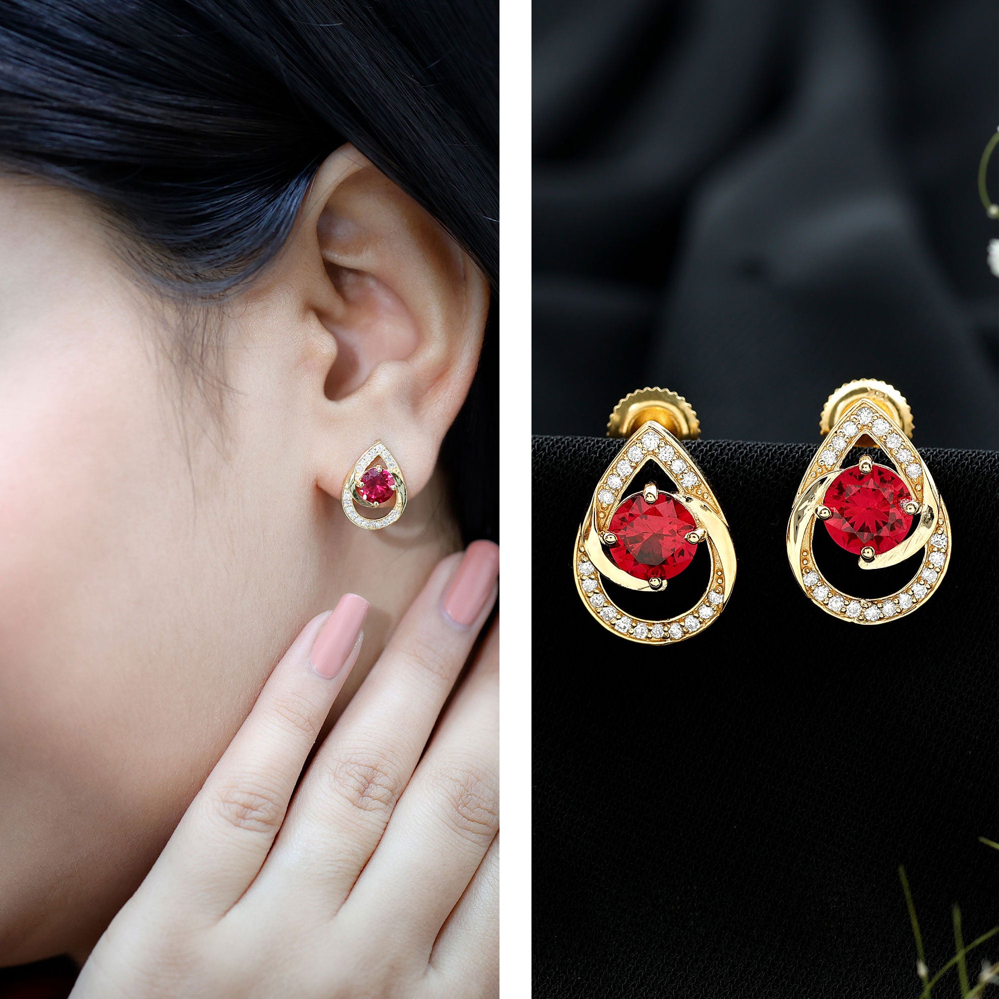 Lab Grown Ruby Teardrop Stud Earrings With Diamond AAAA - Rosec Jewels
