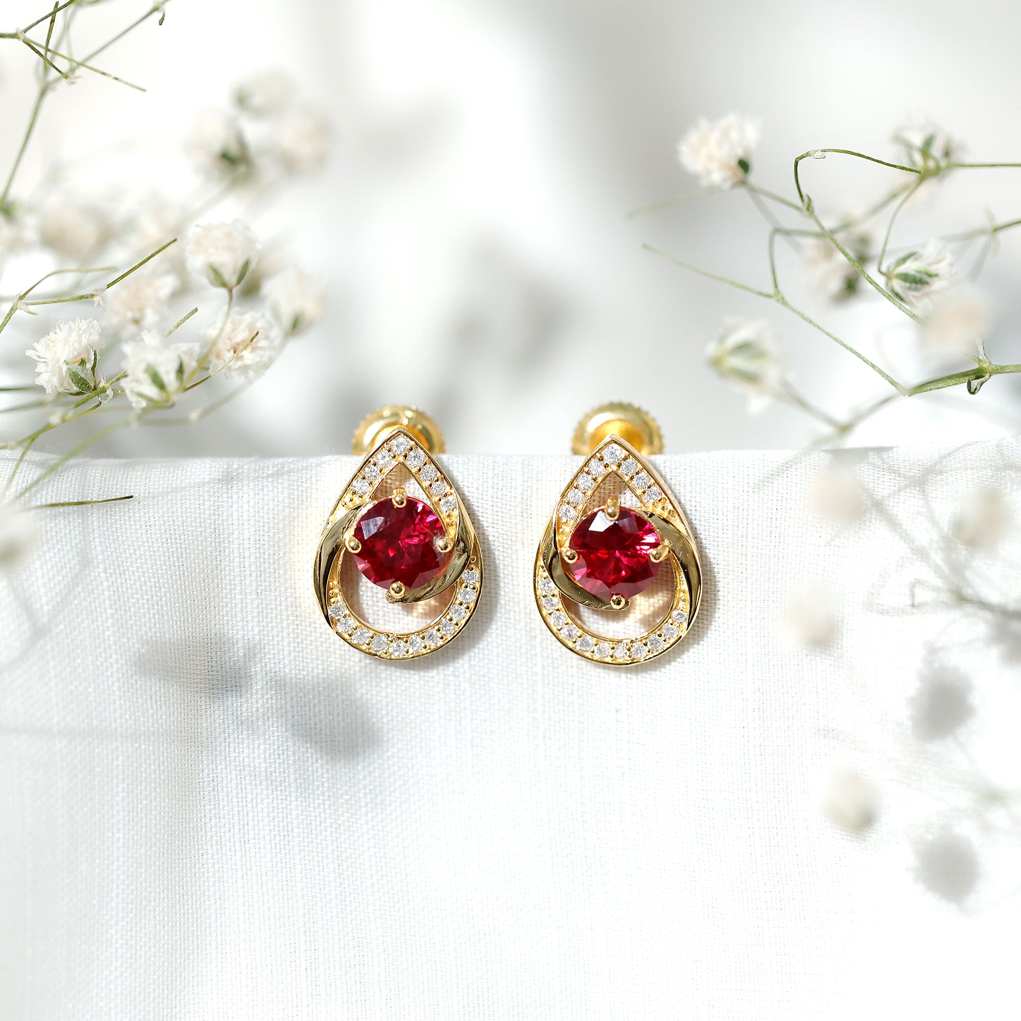 Lab Grown Ruby Teardrop Stud Earrings With Diamond AAAA - Rosec Jewels