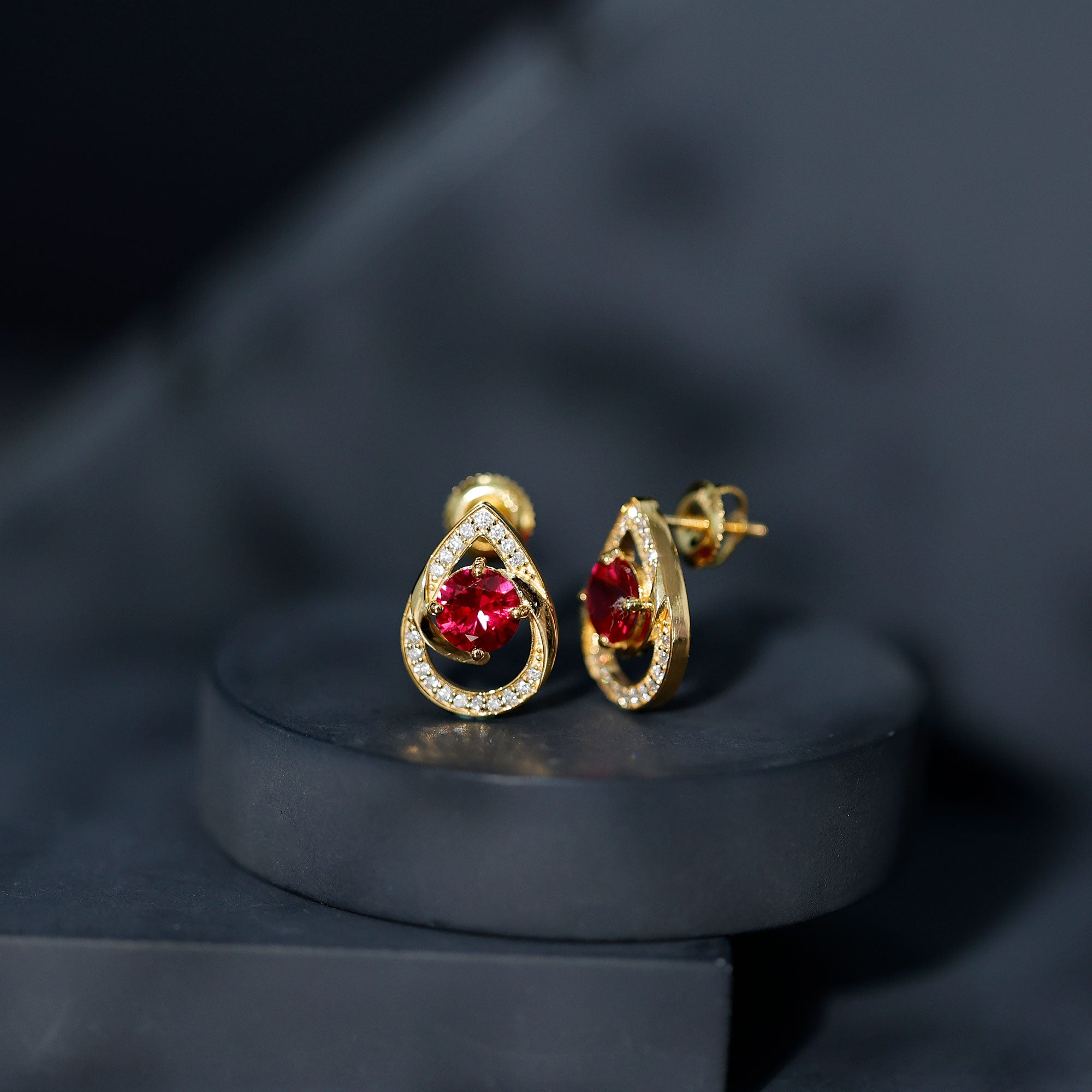 Lab Grown Ruby Teardrop Stud Earrings With Diamond AAAA - Rosec Jewels