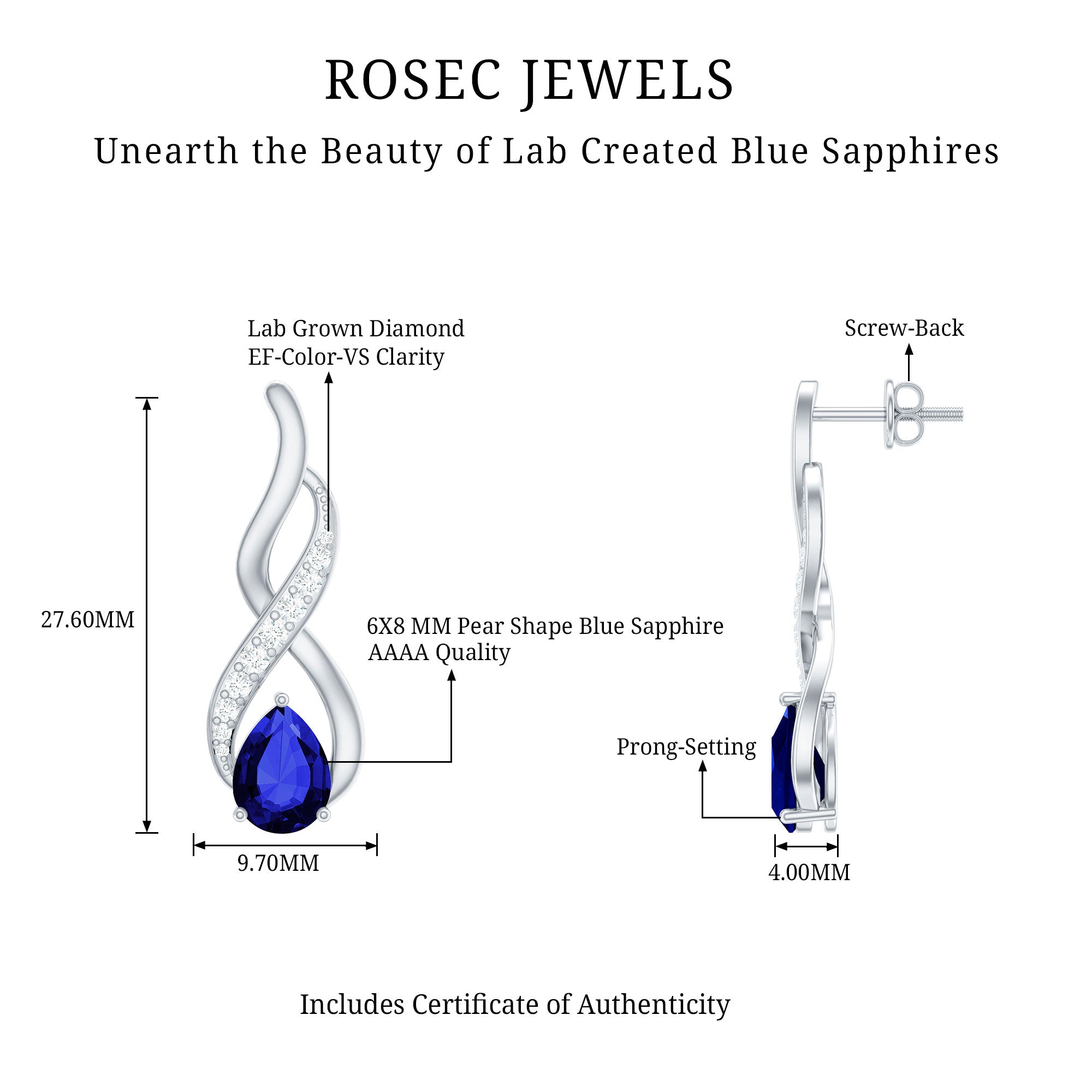 Lab Grown Blue Sapphire Infinity Drop Earrings with Diamond AAAA - Rosec Jewels