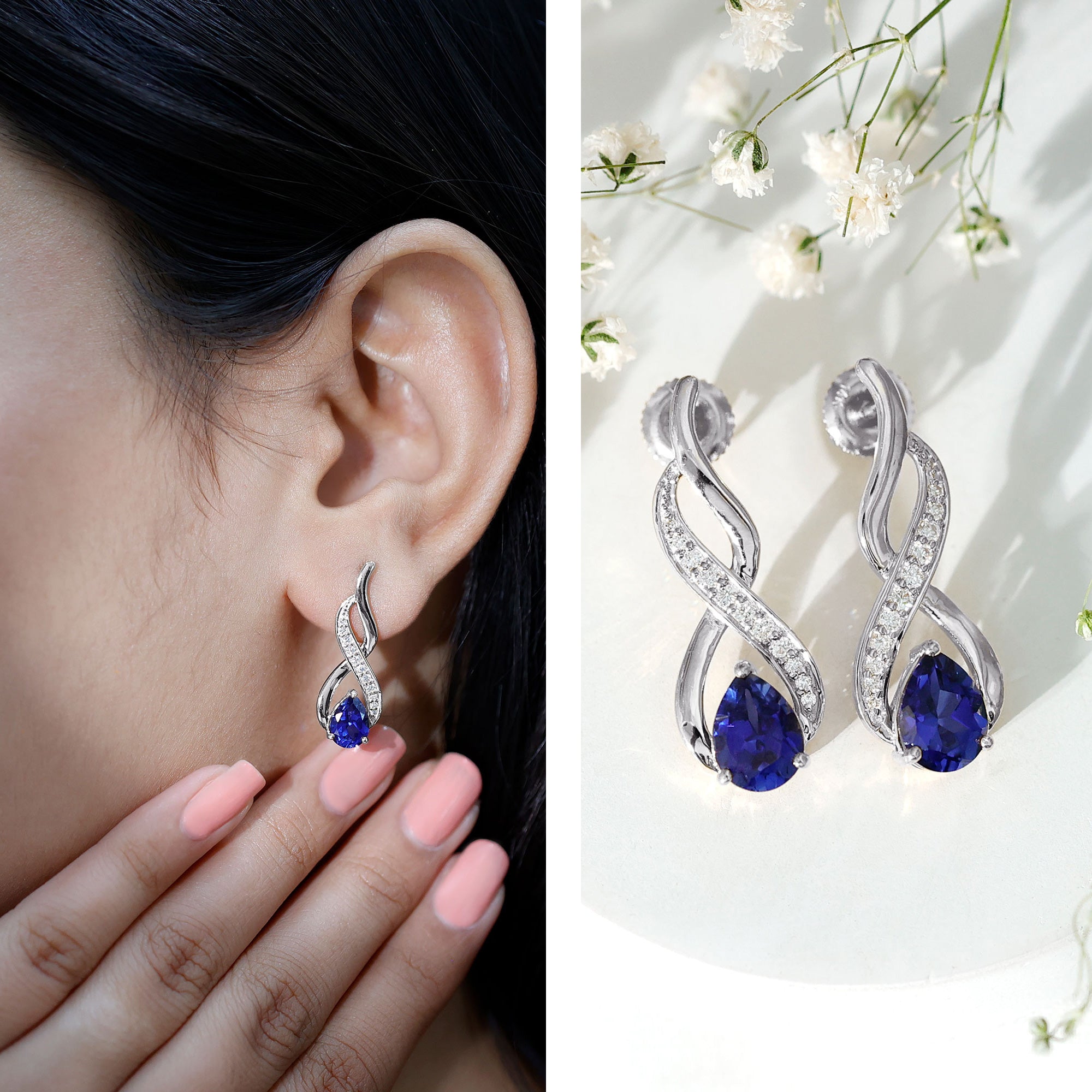 Lab Grown Blue Sapphire Infinity Drop Earrings with Diamond AAAA - Rosec Jewels