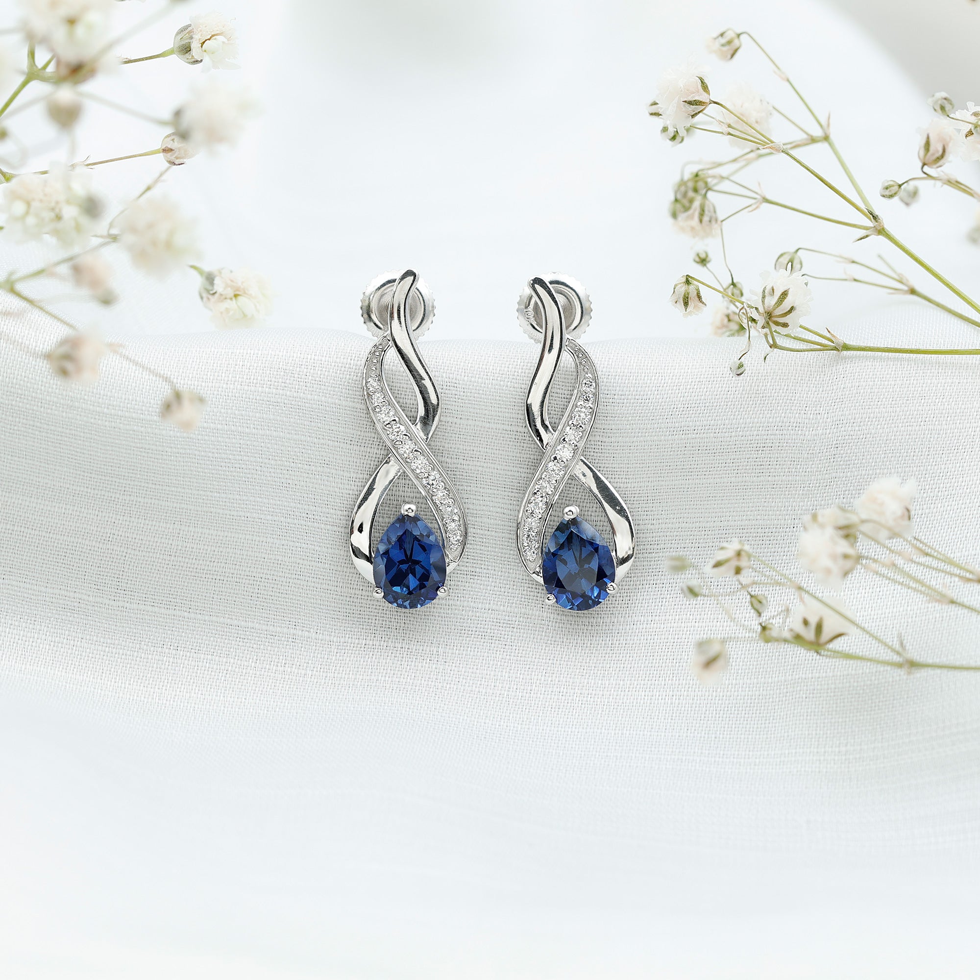 Lab Grown Blue Sapphire Infinity Drop Earrings with Diamond AAAA - Rosec Jewels