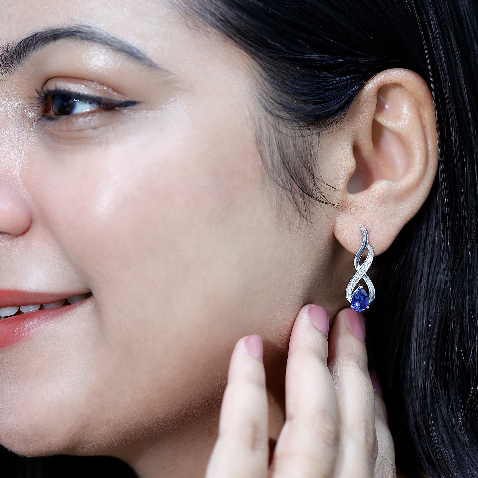 Lab Grown Blue Sapphire Infinity Drop Earrings with Diamond AAAA - Rosec Jewels