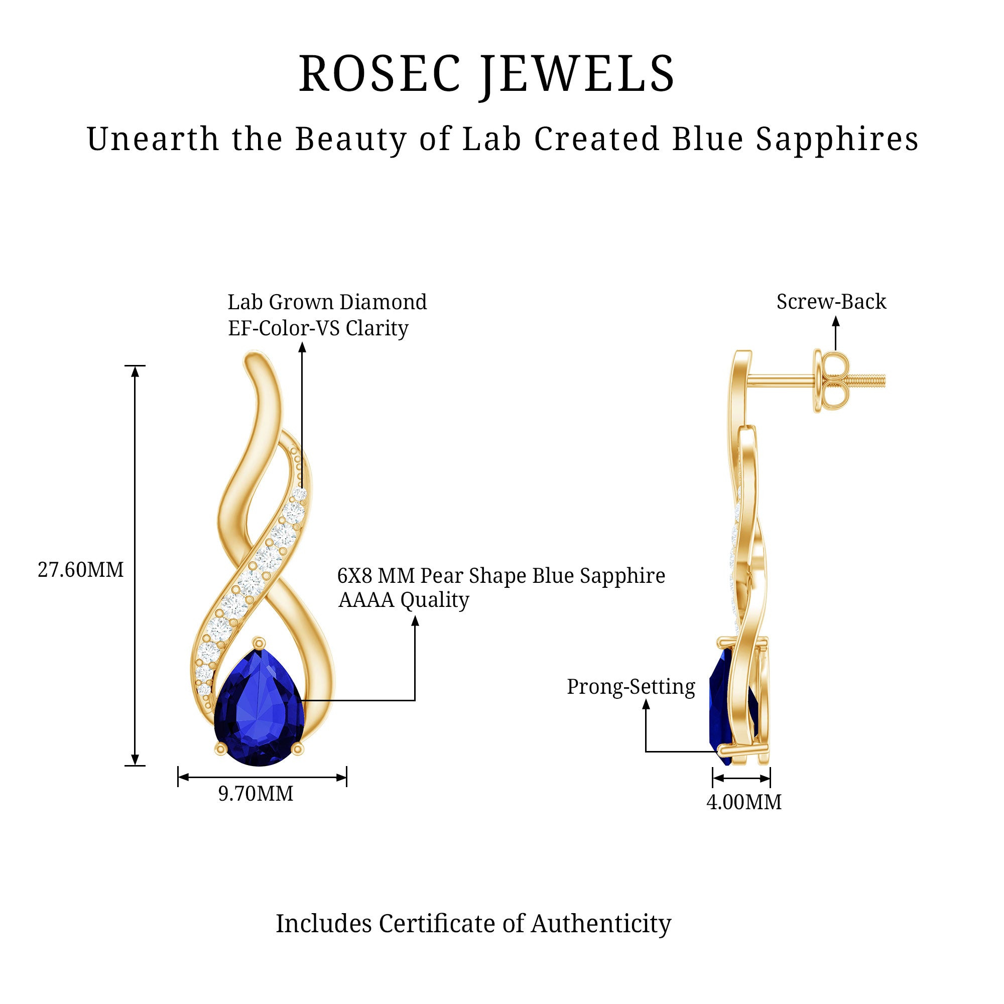 Lab Grown Blue Sapphire Infinity Drop Earrings with Diamond AAAA - Rosec Jewels