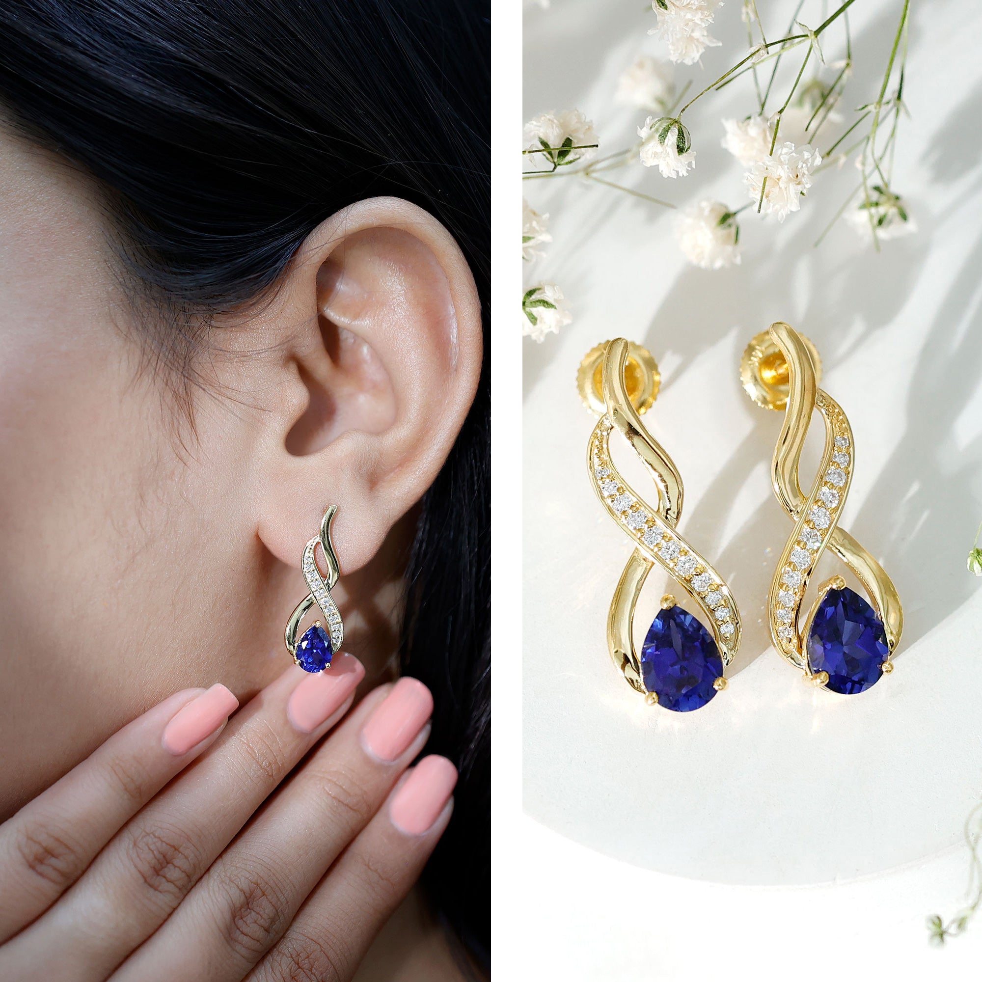 Lab Grown Blue Sapphire Infinity Drop Earrings with Diamond AAAA - Rosec Jewels