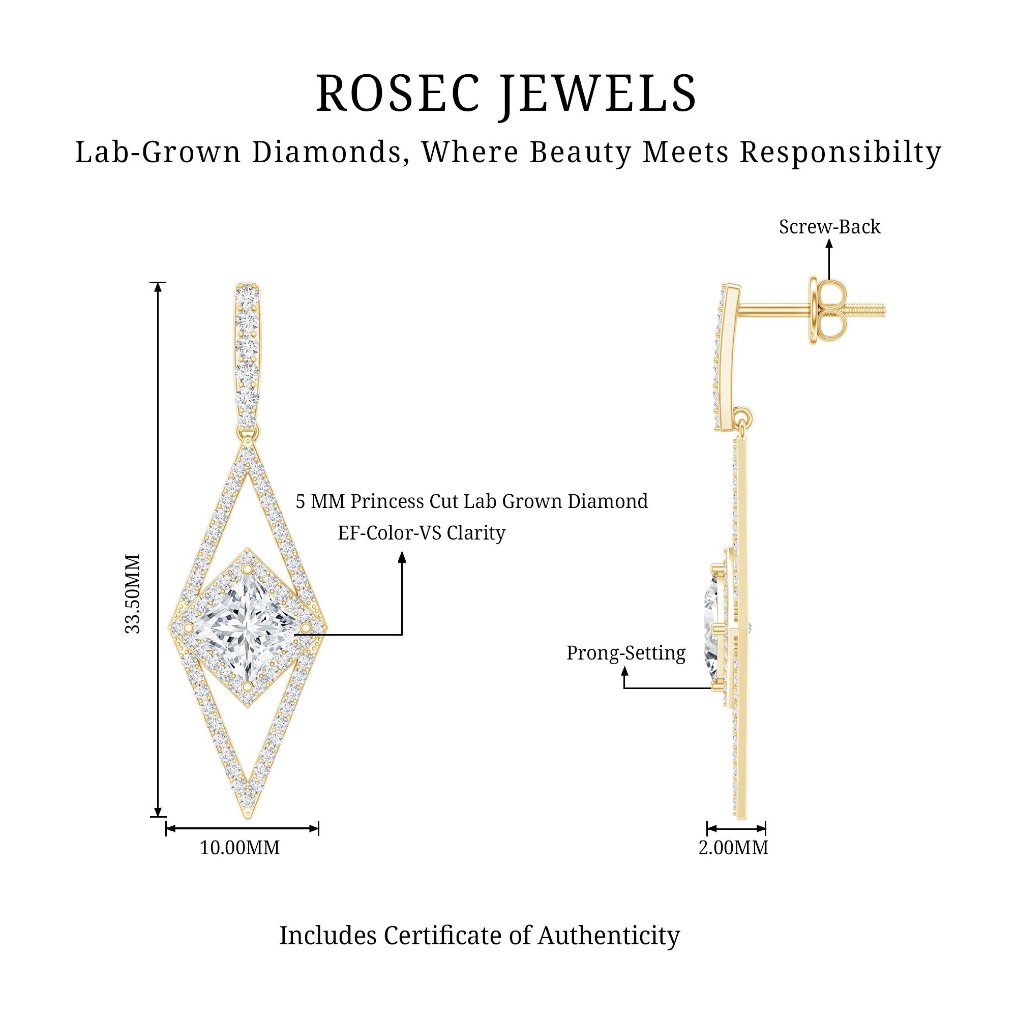 Certified Lab Grown Wedding Dangle Earrings Lab - ( EF-VS ) - Rosec Jewels