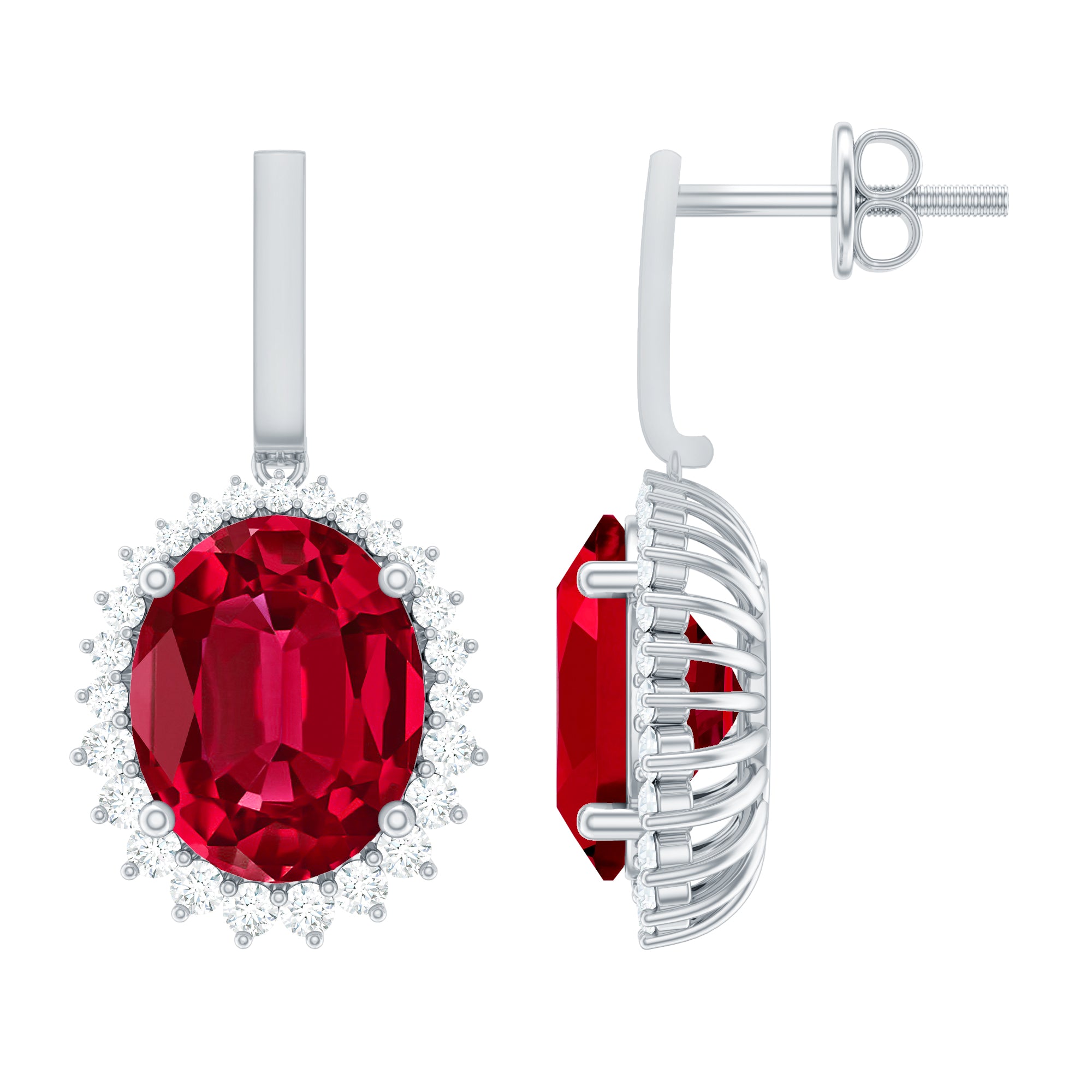 Lab Grown Ruby Vintage Inspired Earrings with Diamond Halo