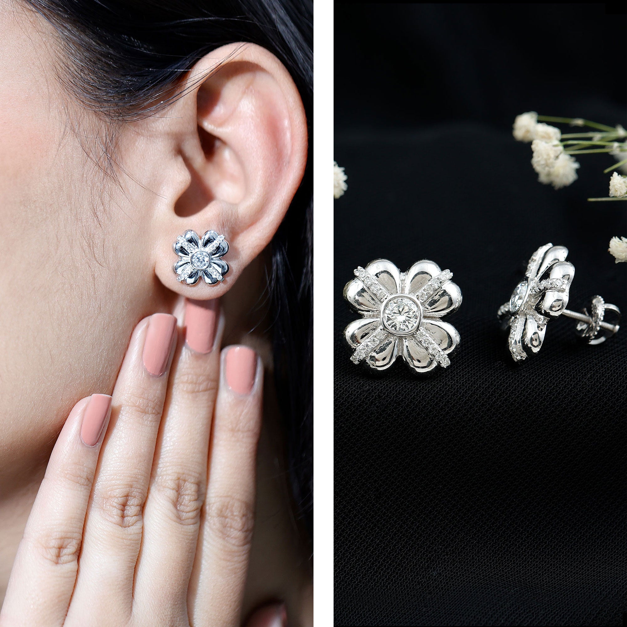 Lab Grown Diamond Flower Stud Earrings With Screw Back Lab - ( EF-VS ) - Rosec Jewels
