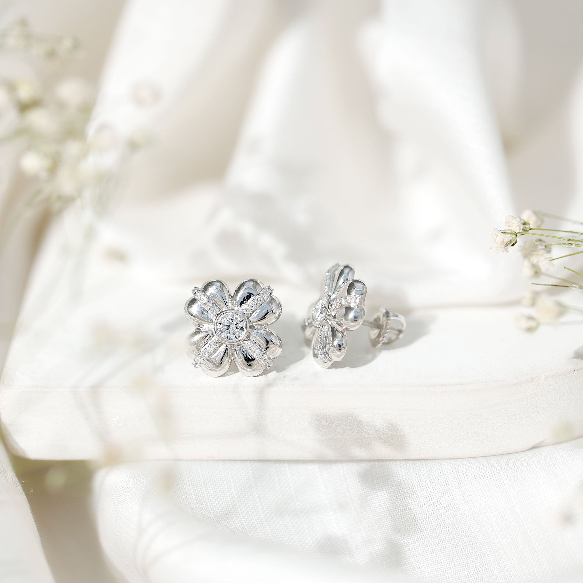 Lab Grown Diamond Flower Stud Earrings With Screw Back Lab - ( EF-VS ) - Rosec Jewels
