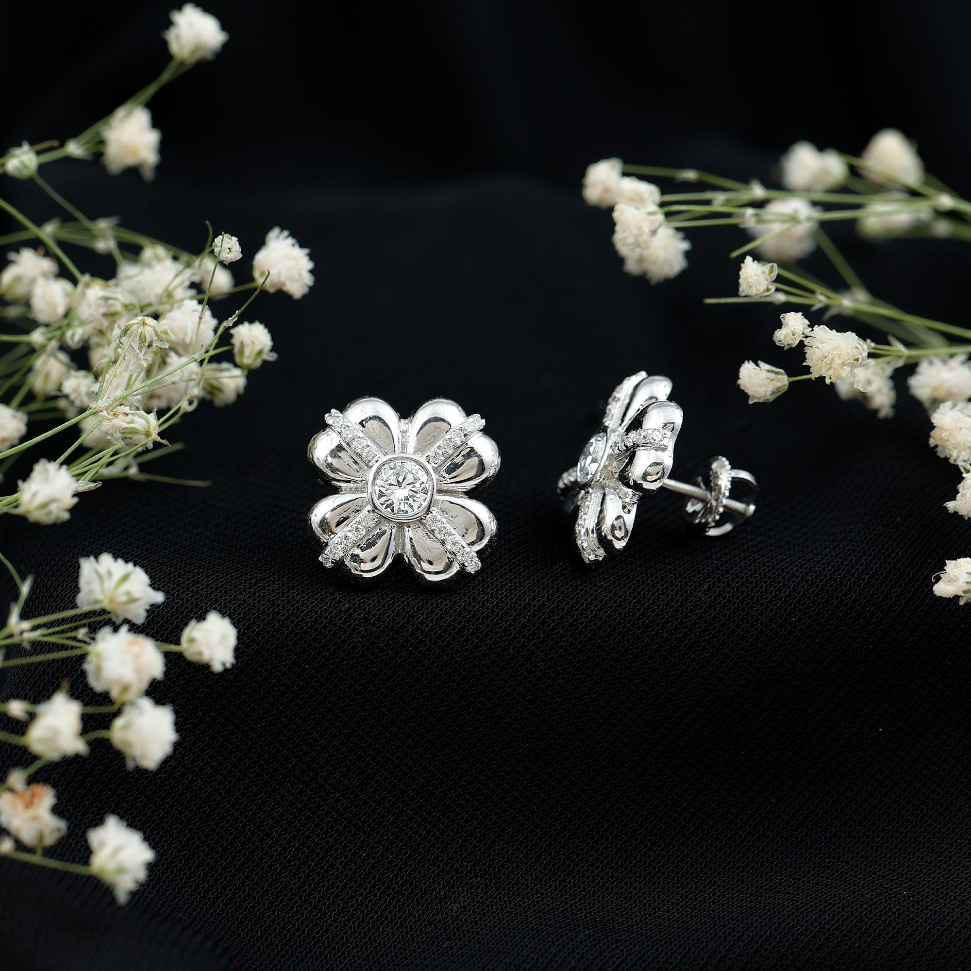 Lab Grown Diamond Flower Stud Earrings With Screw Back Lab - ( EF-VS ) - Rosec Jewels