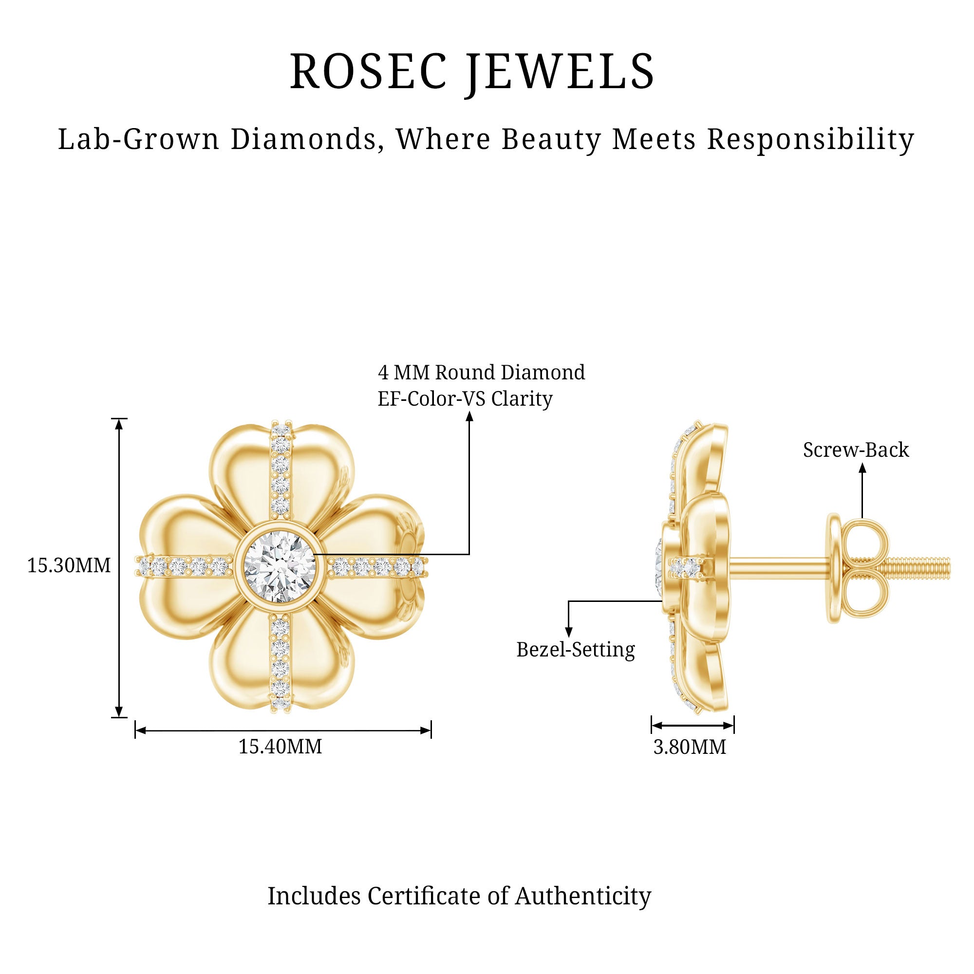 Lab Grown Diamond Flower Stud Earrings With Screw Back Lab - ( EF-VS ) - Rosec Jewels