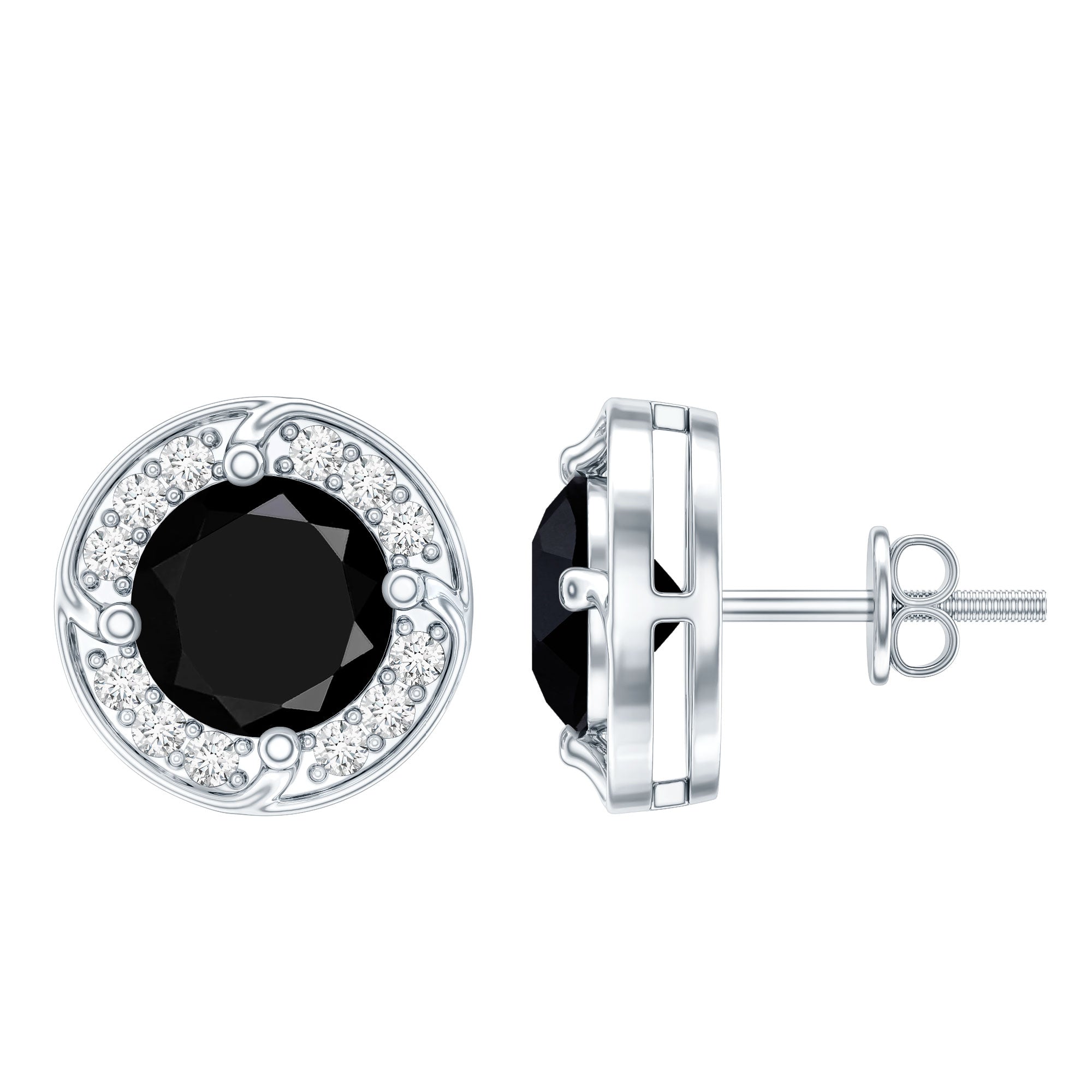 Lab Grown Black Diamond Halo Stud Earrings With Screw Back AAAA ( Synthetic ) - Rosec Jewels