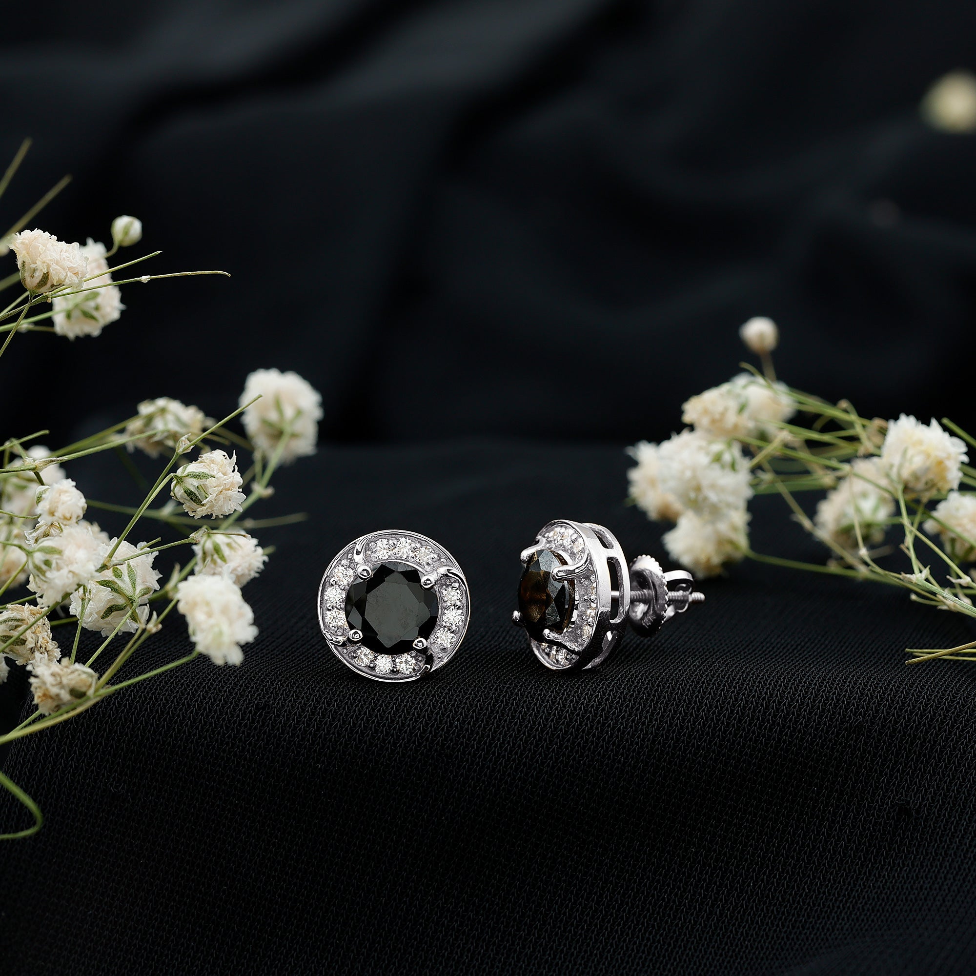 Lab Grown Black Diamond Halo Stud Earrings With Screw Back AAAA ( Synthetic ) - Rosec Jewels