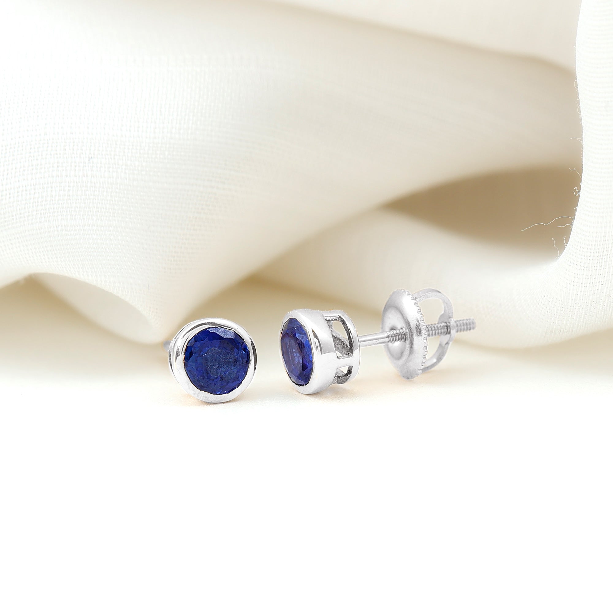 Solitaire 5MM Lab Created Blue Sapphire Stud Earrings in Bezel Setting AAAA - Rosec Jewels