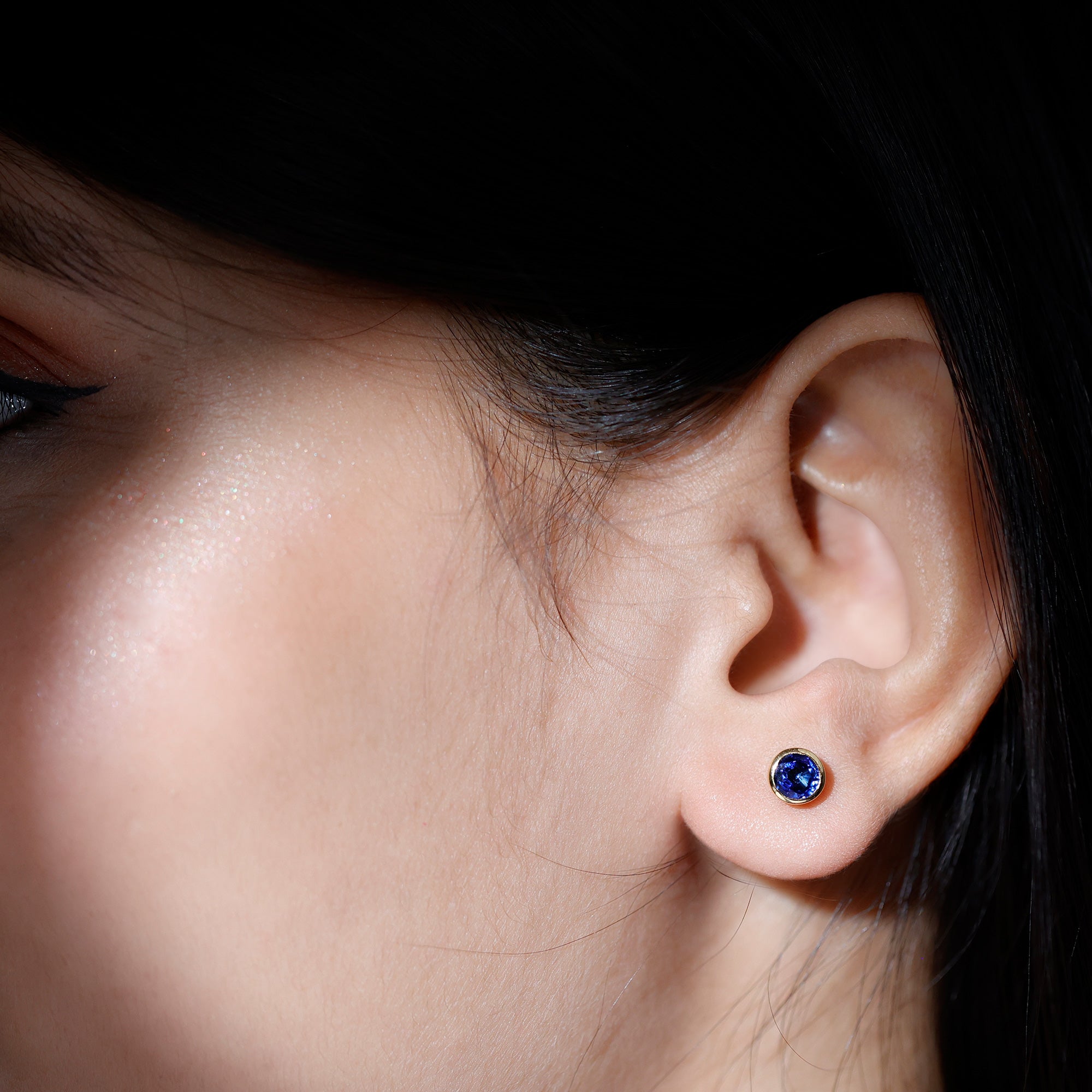 Solitaire 5MM Lab Created Blue Sapphire Stud Earrings in Bezel Setting AAAA - Rosec Jewels