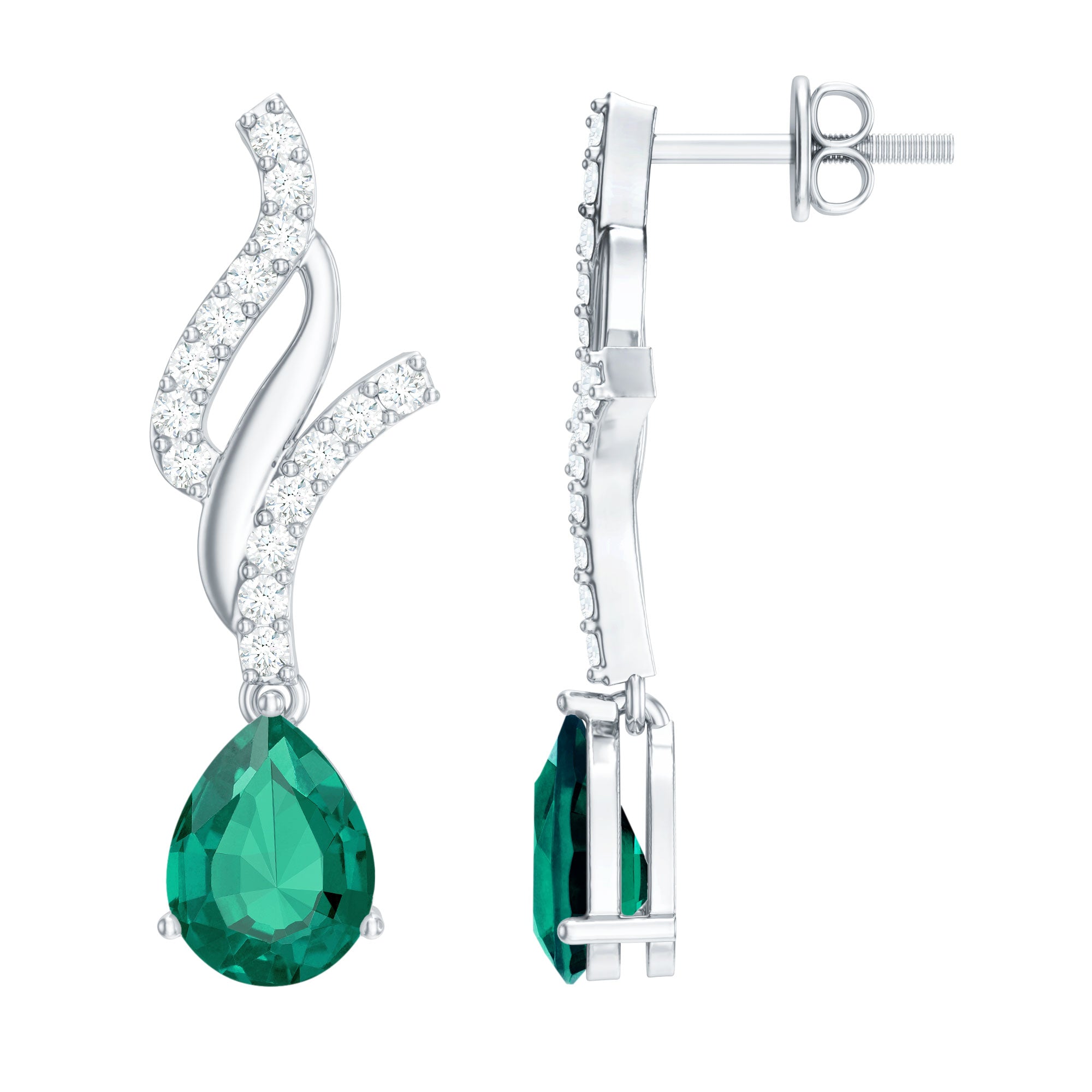 Vintage Lab Grown Emerald Teardrop Earrings with Diamond Accent