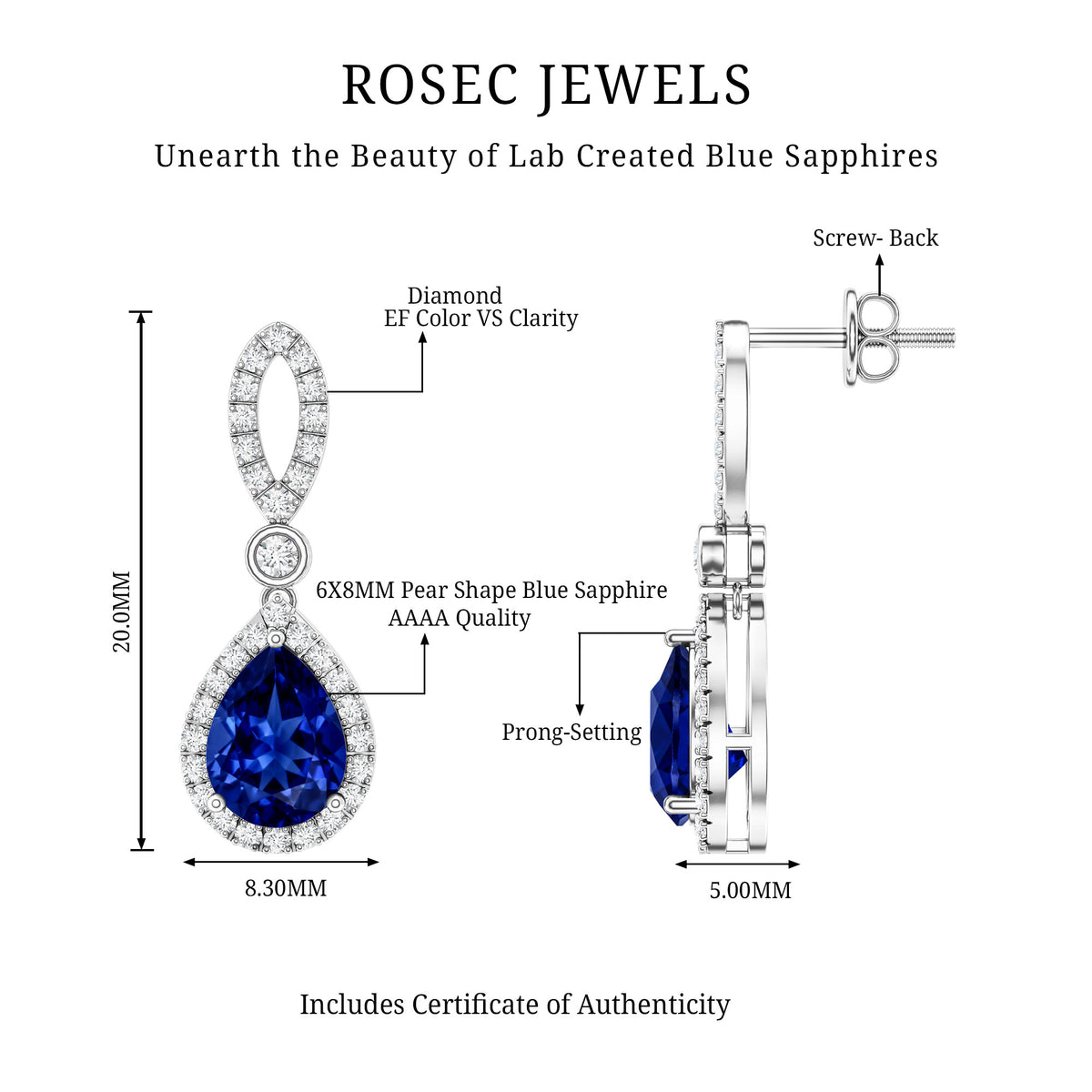 Designer Lab Grown Sapphire Drop Earrings with Diamond AAAA - Rosec Jewels