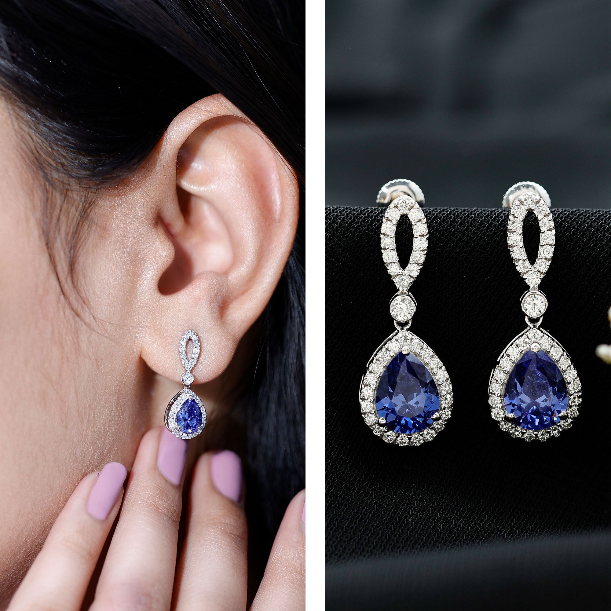 Designer Lab Grown Sapphire Drop Earrings with Diamond AAAA - Rosec Jewels