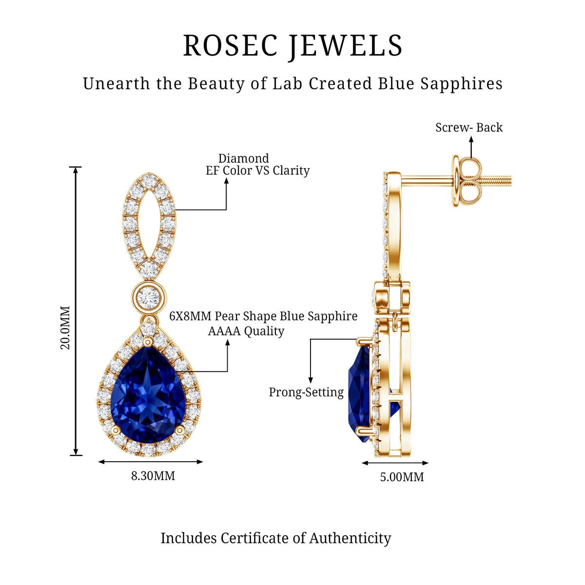 Designer Lab Grown Sapphire Drop Earrings with Diamond AAAA - Rosec Jewels