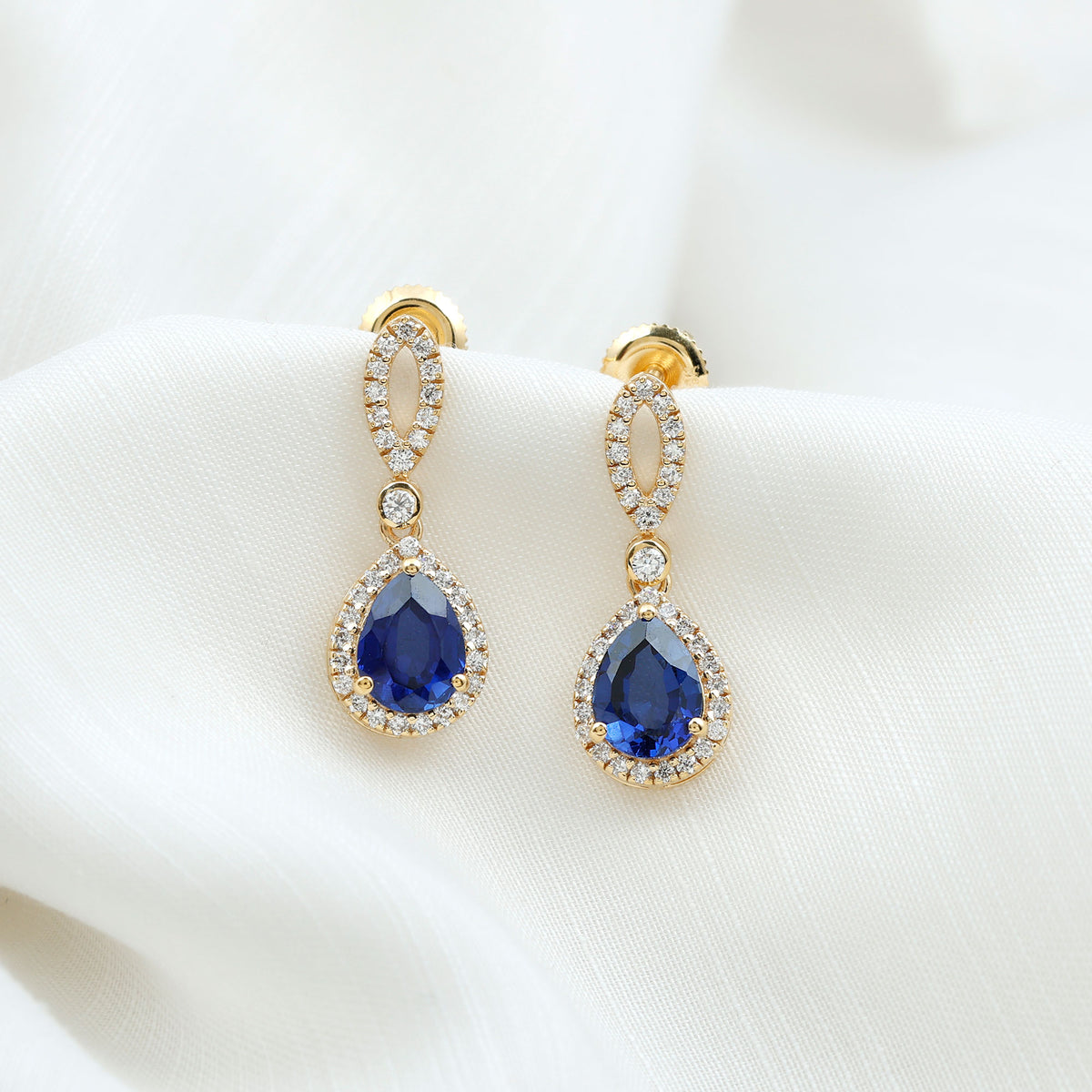 Designer Lab Grown Sapphire Drop Earrings with Diamond AAAA - Rosec Jewels