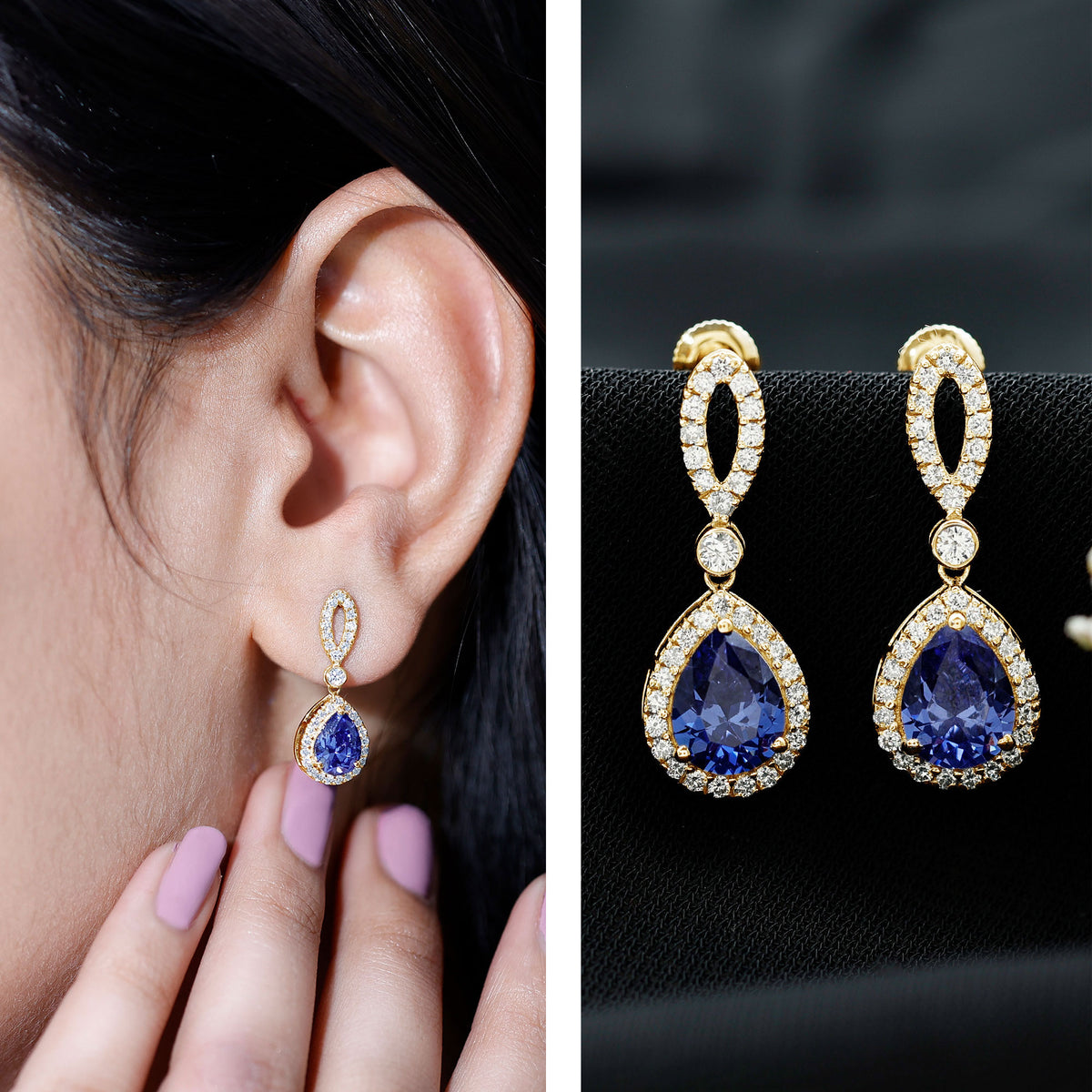 Designer Lab Grown Sapphire Drop Earrings with Diamond AAAA - Rosec Jewels