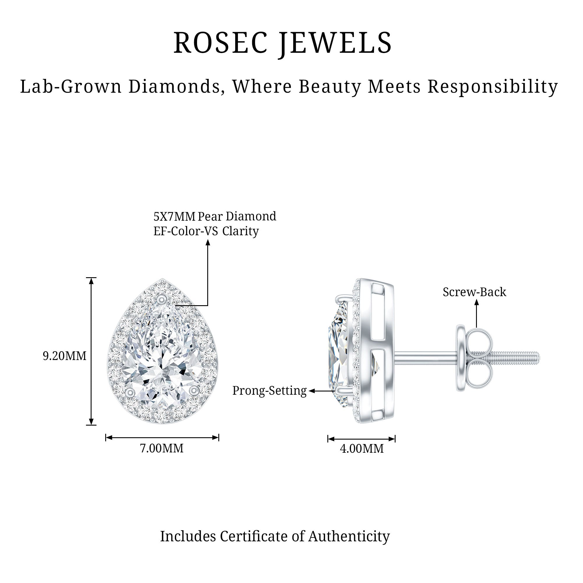 Certified 5X7 MM Lab Grown Diamond Teardrop Stud Earrings Lab - ( EF-VS ) - Rosec Jewels