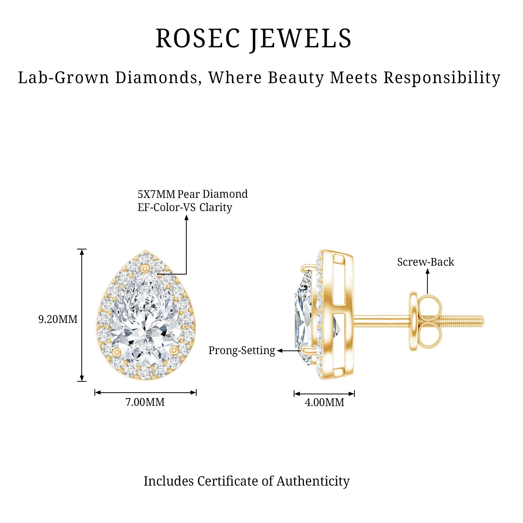 Certified 5X7 MM Lab Grown Diamond Teardrop Stud Earrings Lab - ( EF-VS ) - Rosec Jewels