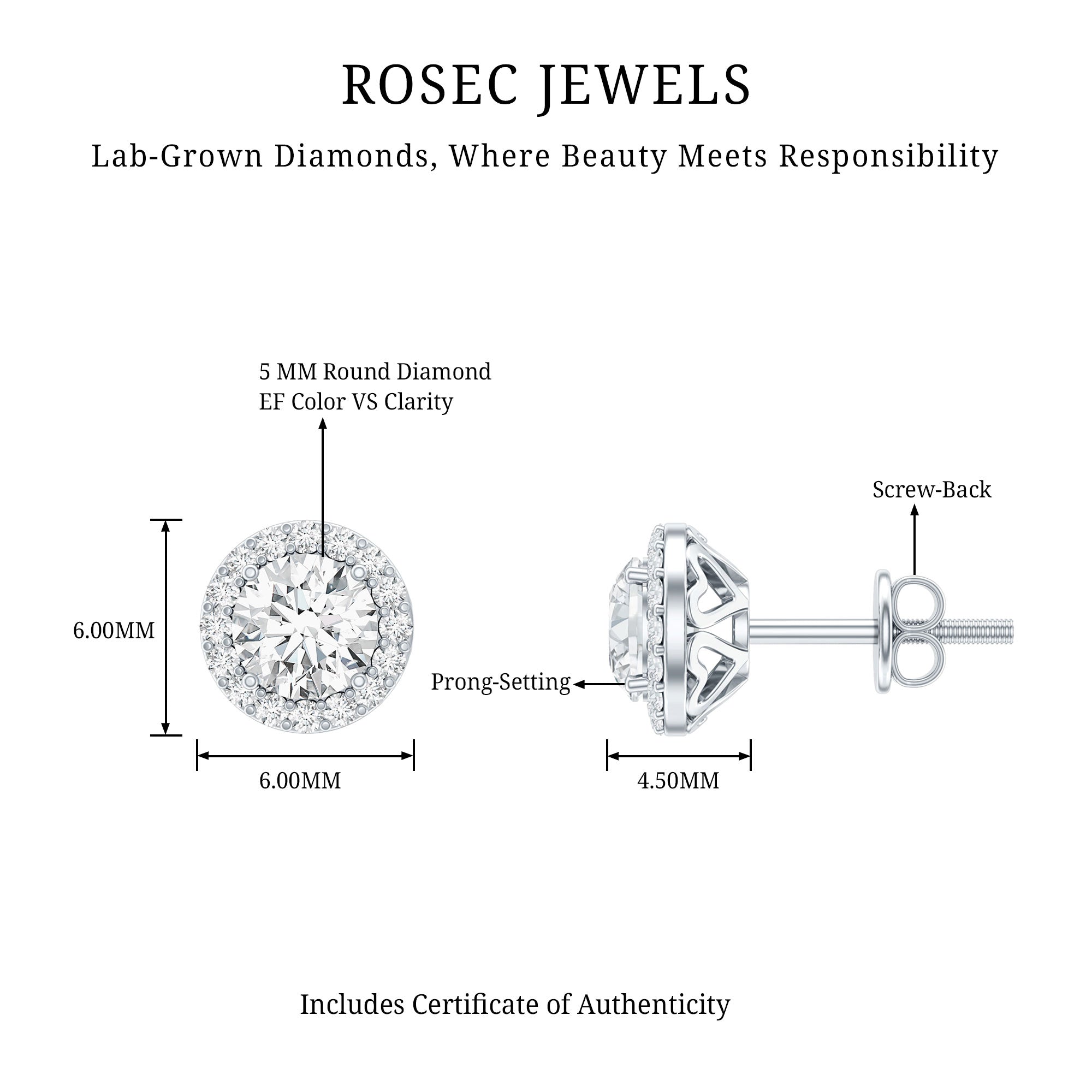 5 MM Round Lab Grown Diamond Halo Stud Earrings With Screw Back Lab - ( EF-VS ) - Rosec Jewels