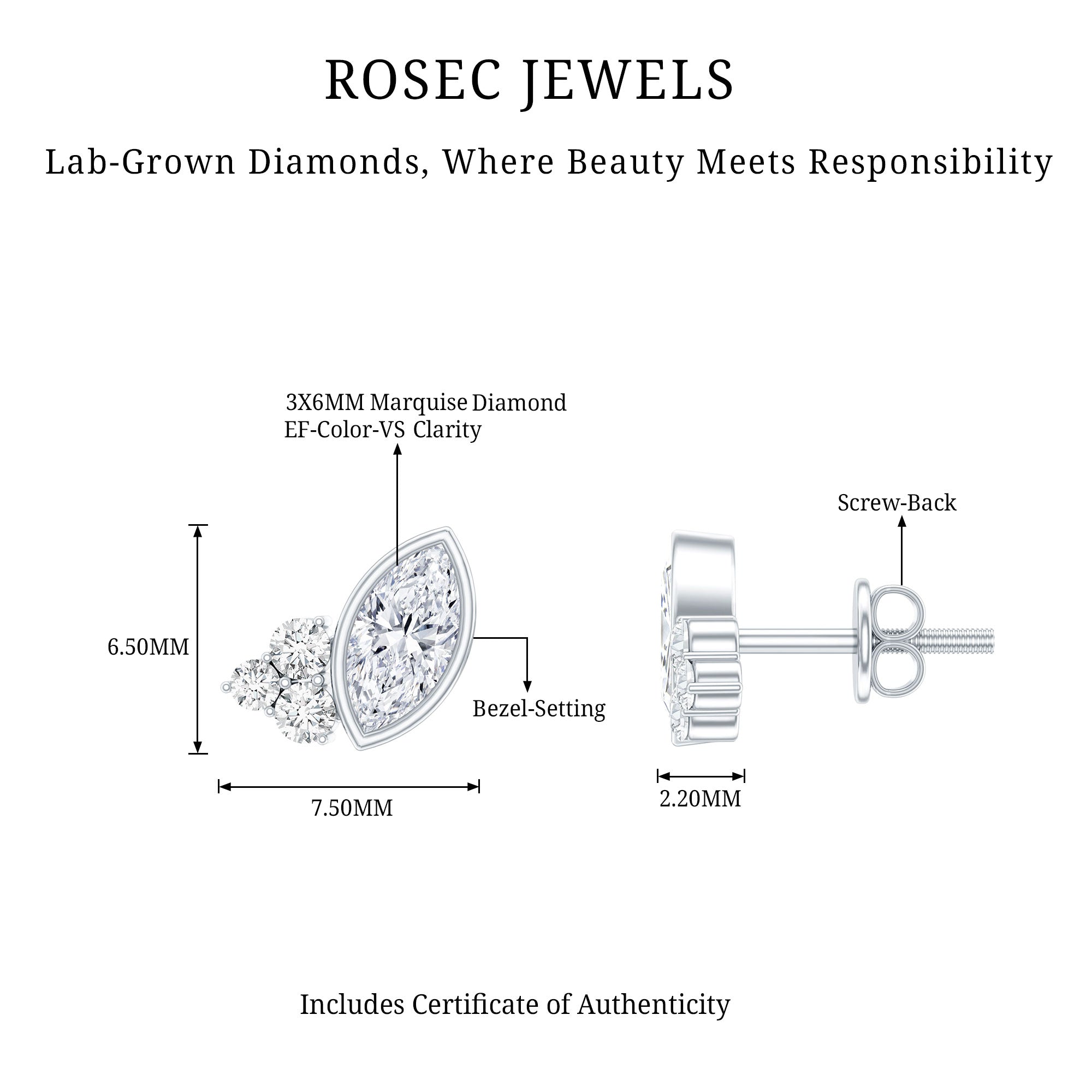 Bezel Set Lab Marquise Diamond Stud Earrings Lab - ( EF-VS ) - Rosec Jewels