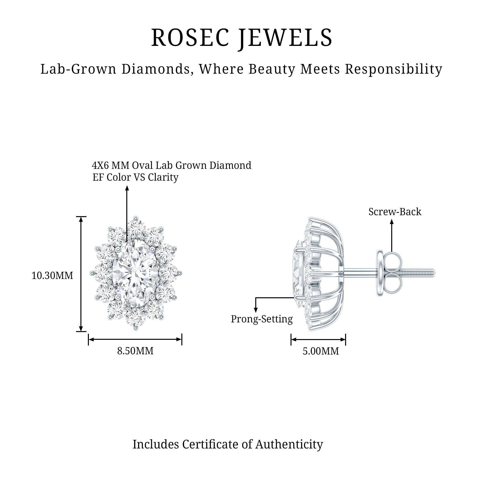 Certified Oval Shaped Lab Grown Diamond Halo Stud Earrings Lab - ( EF-VS ) - Rosec Jewels