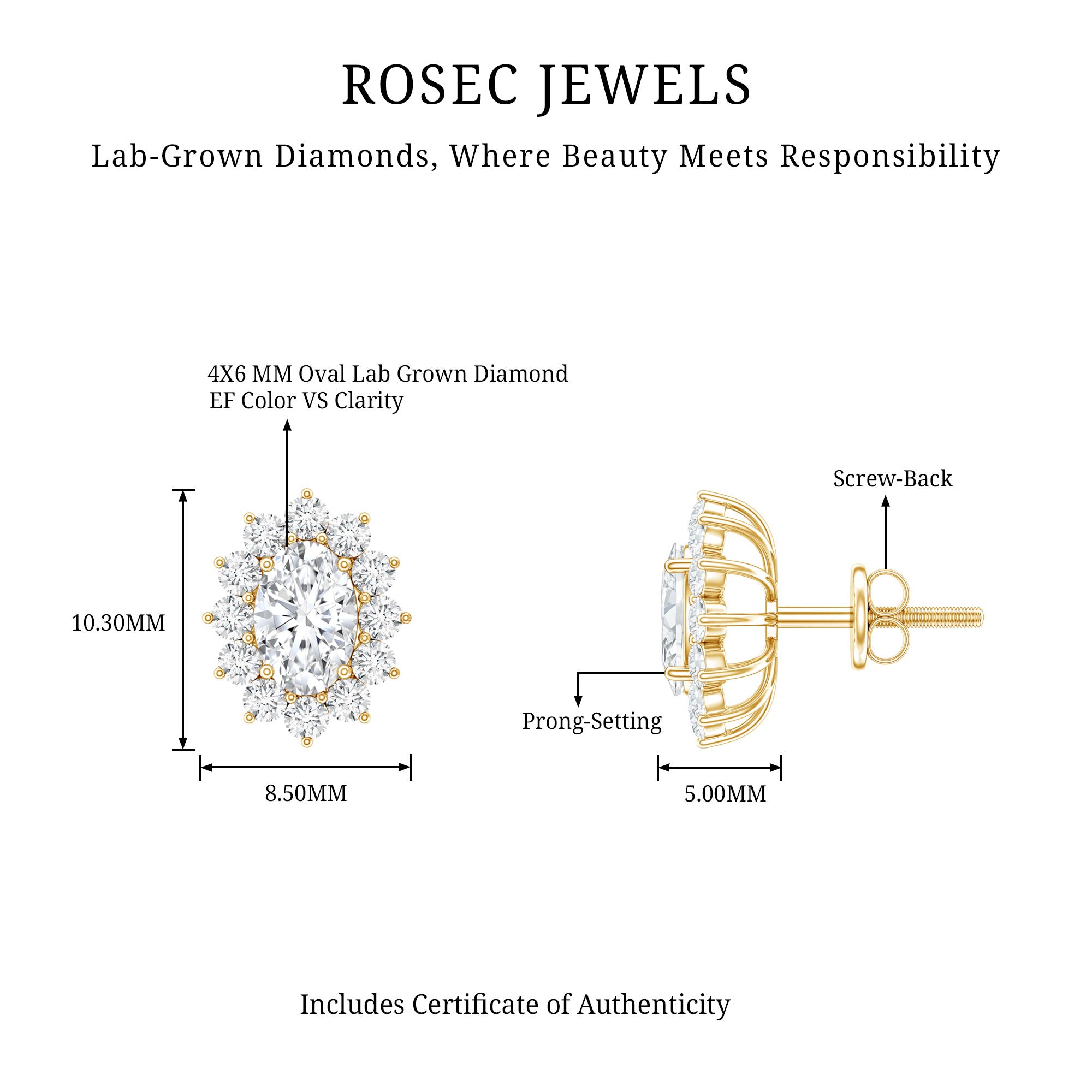 Certified Oval Shaped Lab Grown Diamond Halo Stud Earrings Lab - ( EF-VS ) - Rosec Jewels