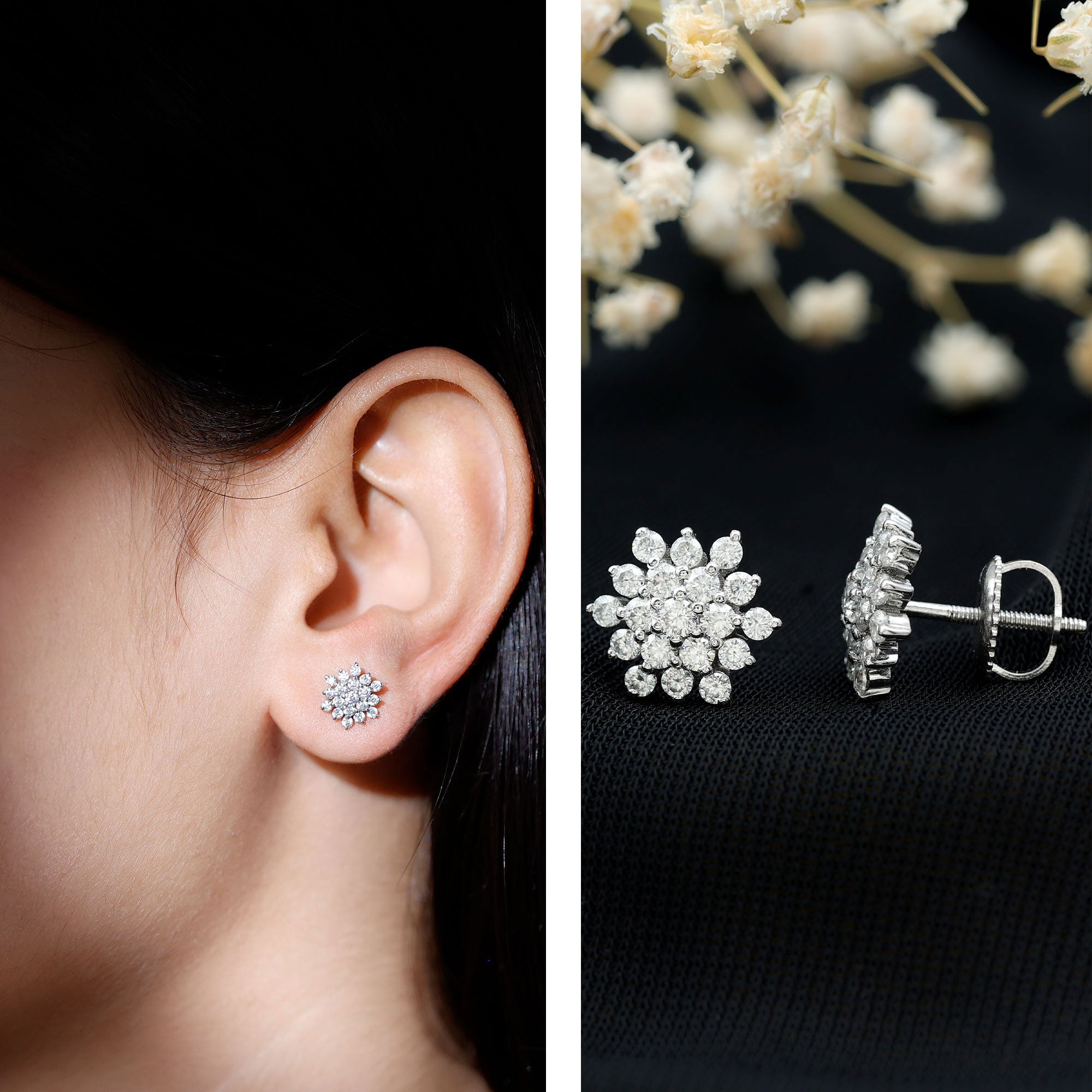 Certified Lab Grown Diamond Flower Statement Earrings Lab - ( EF-VS ) - Rosec Jewels