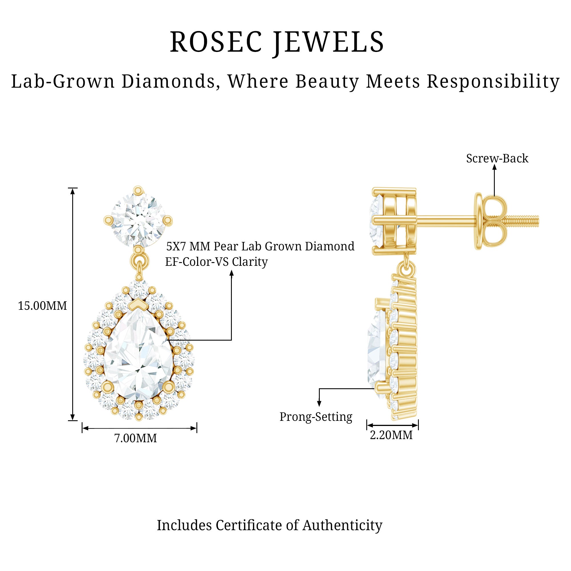 Lab 5X7MM Pear Shaped Diamond Bridal Drop Earrings Lab - ( EF-VS ) - Rosec Jewels