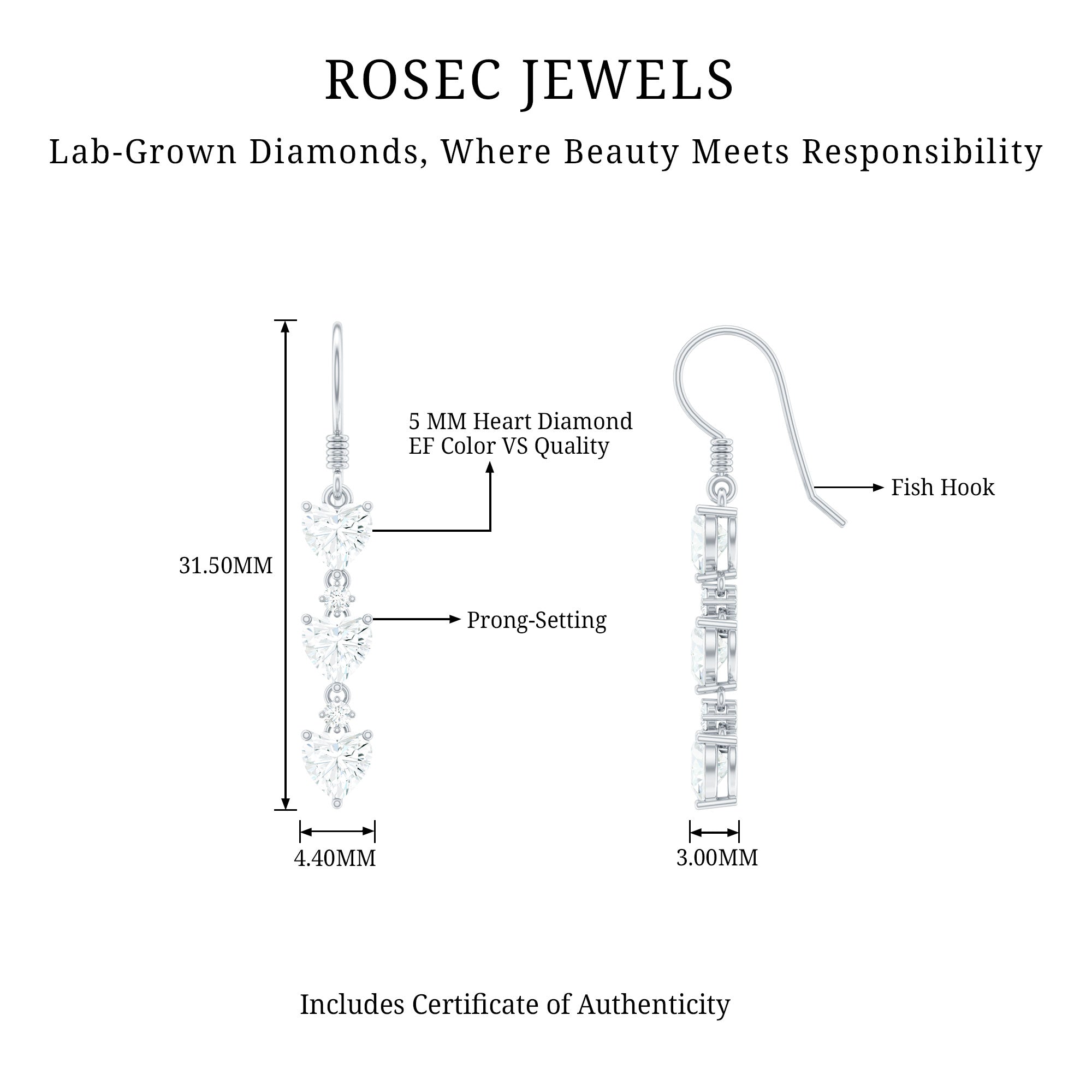 Certified Lab Heart Shaped Diamond Fish Hook Dangle Earrings Lab - ( EF-VS ) - Rosec Jewels
