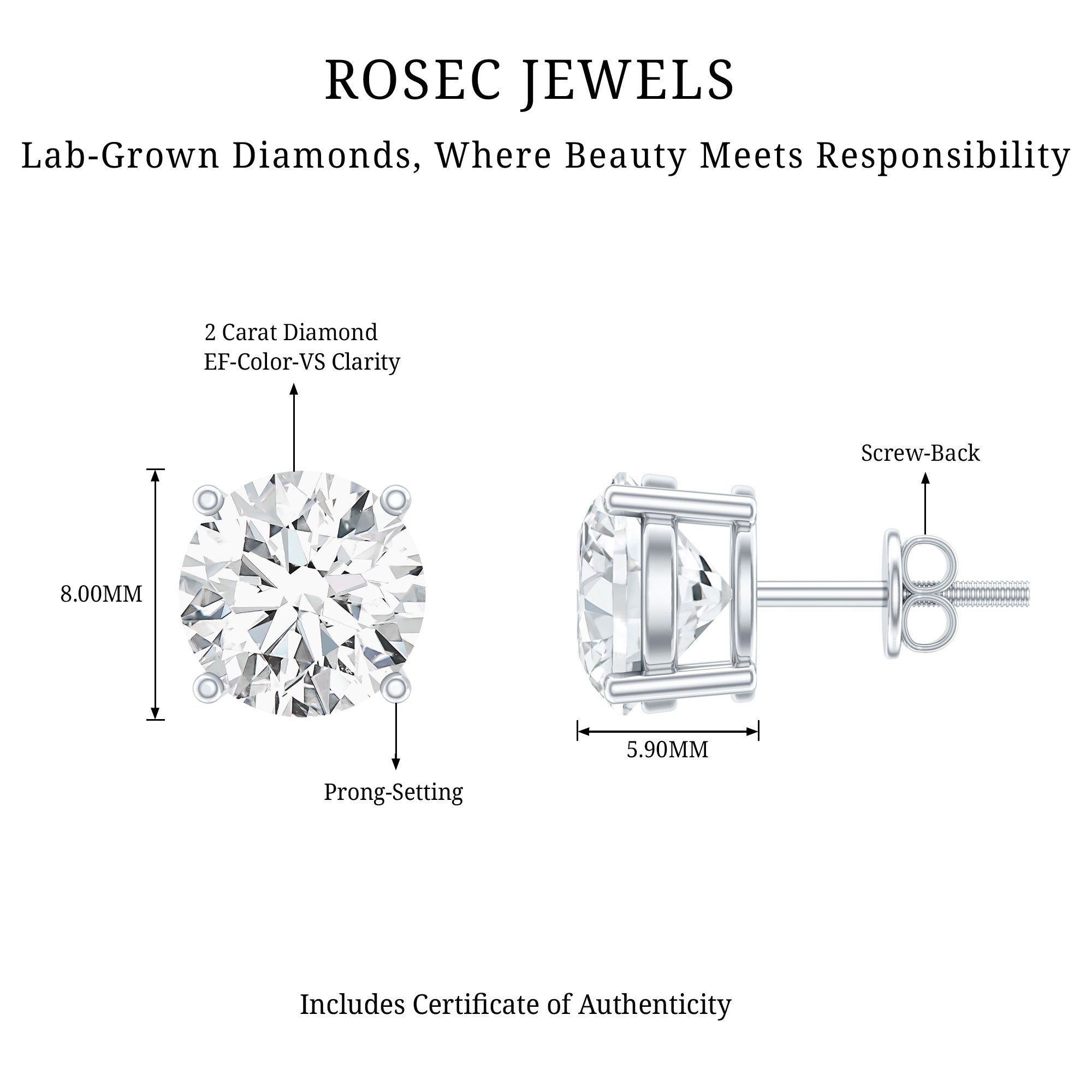 4 Carat Lab Grown Diamond Stud Earrings with IGI Certificate Lab - ( E-VS1 ) - Rosec Jewels