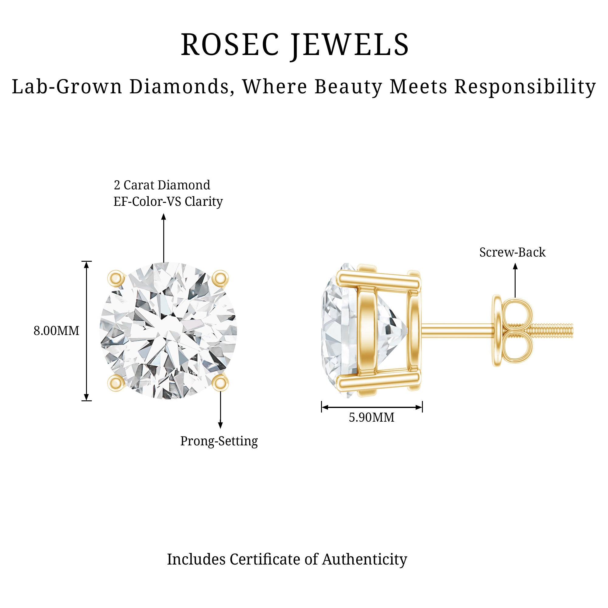 4 Carat Lab Grown Diamond Stud Earrings with IGI Certificate Lab - ( E-VS1 ) - Rosec Jewels