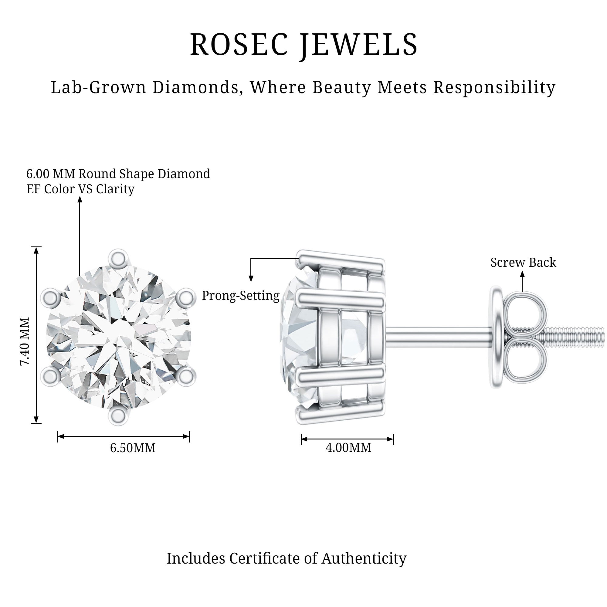 IGI Certified 2 Carat Lab Grown Diamond Solitaire Stud Earrings Lab - ( E-VS1 ) - Rosec Jewels