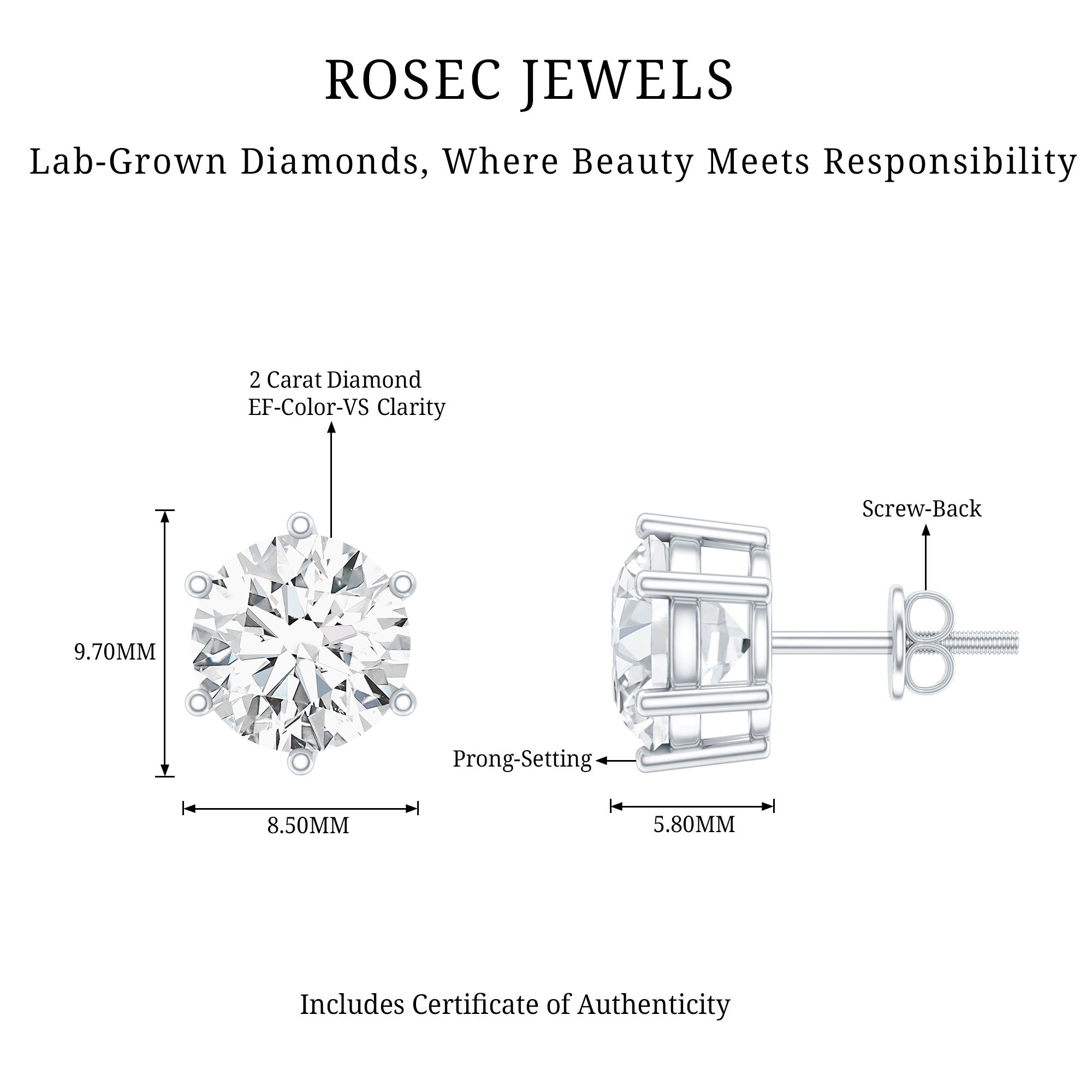IGI Certified 4 Carat Lab Grown Diamond Solitaire Studs Lab - ( E-VS1 ) - Rosec Jewels